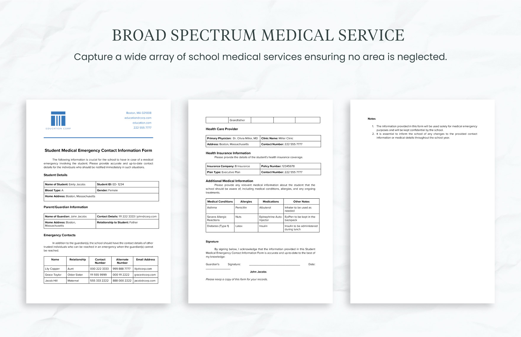Student Medical Emergency Contact Information Form Template