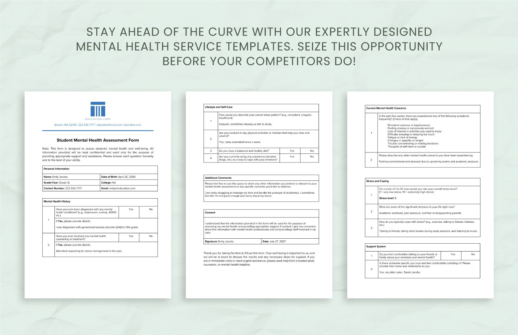 Student  Mental Health Assessment Form Template