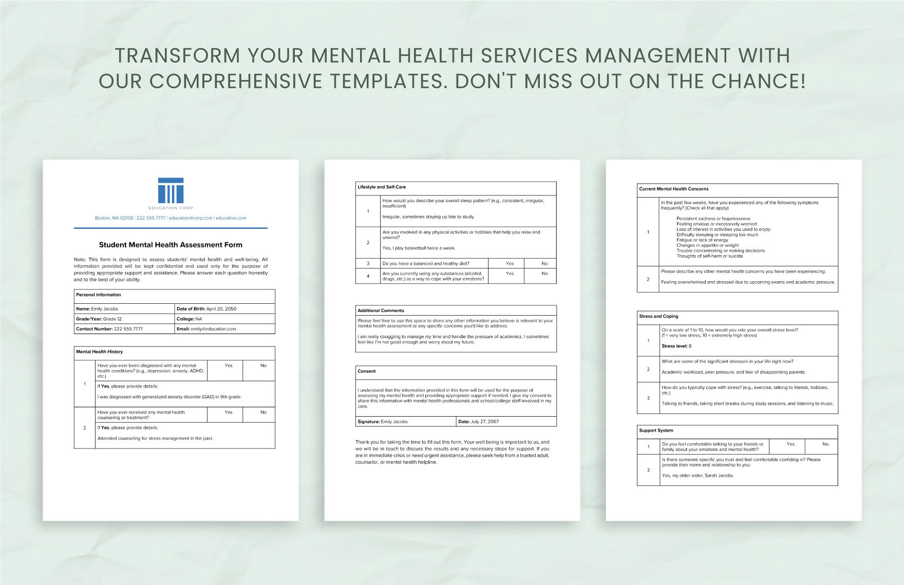 Student  Mental Health Assessment Form Template