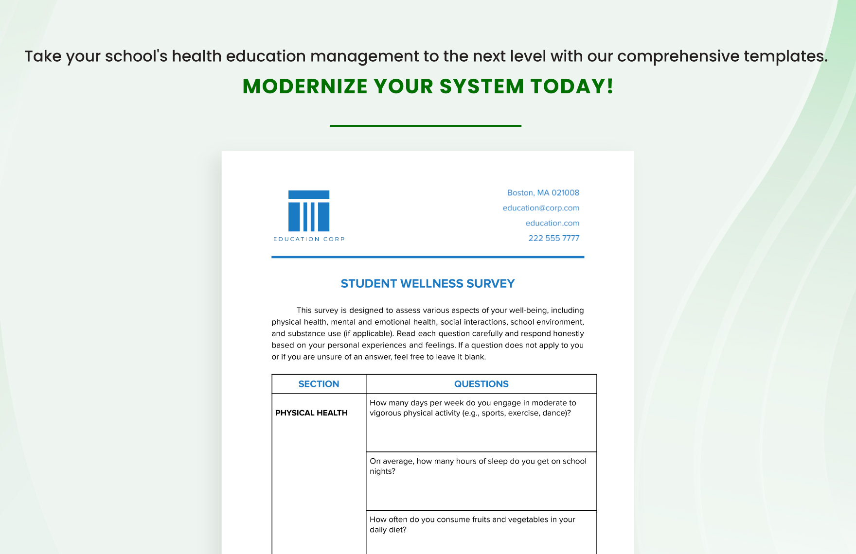 Student Wellness Survey Template