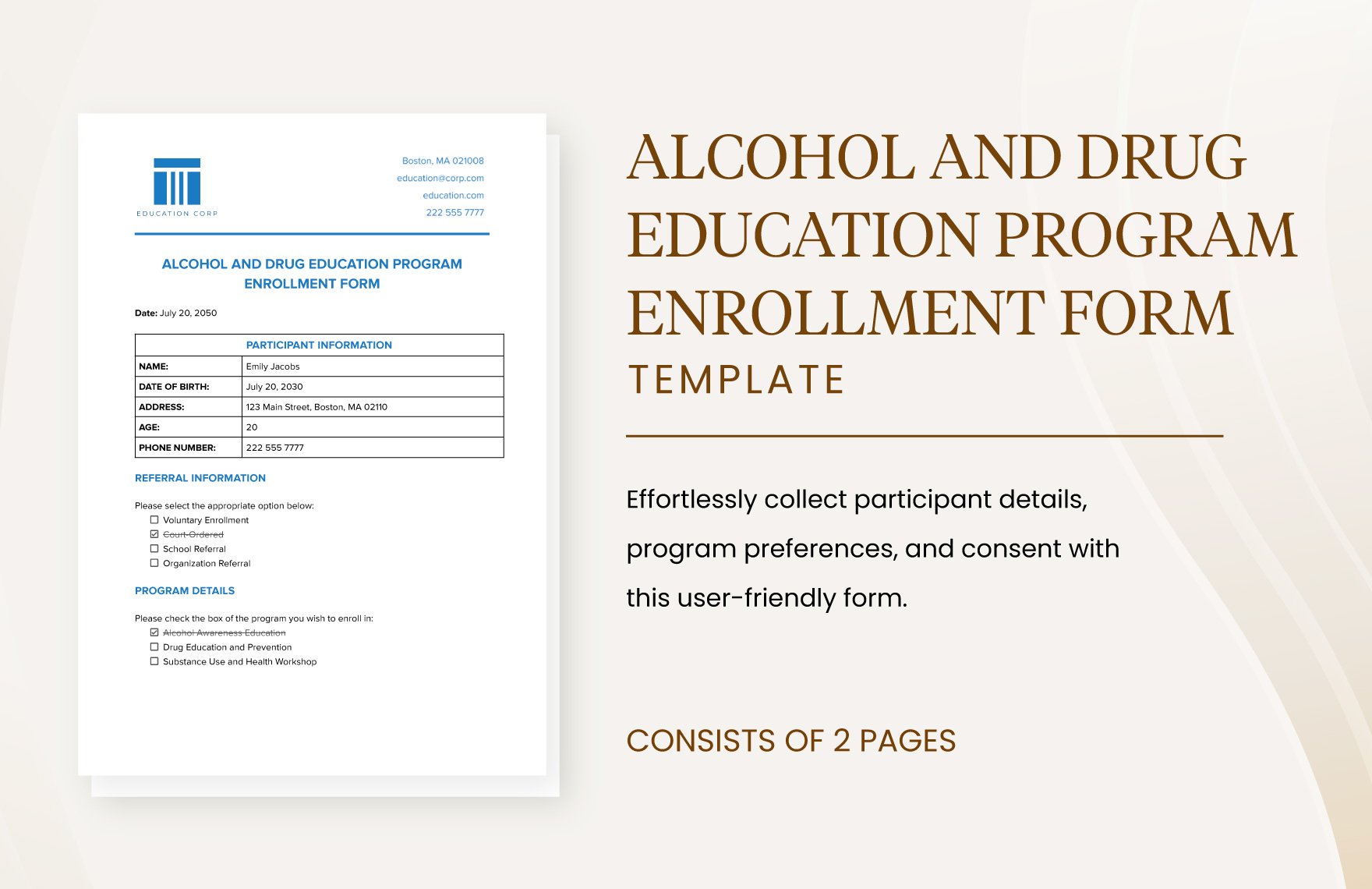Alcohol and Drug Education Program Enrollment Form Template