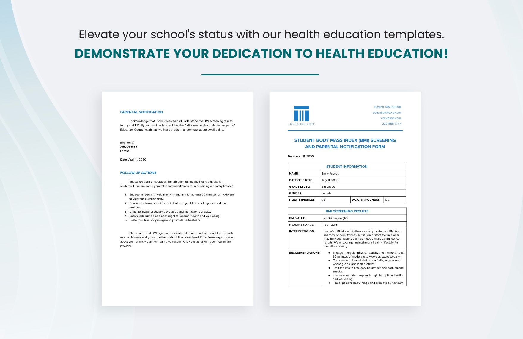 Student Body Mass Index (BMI) Screening and Parental Notification Form Template