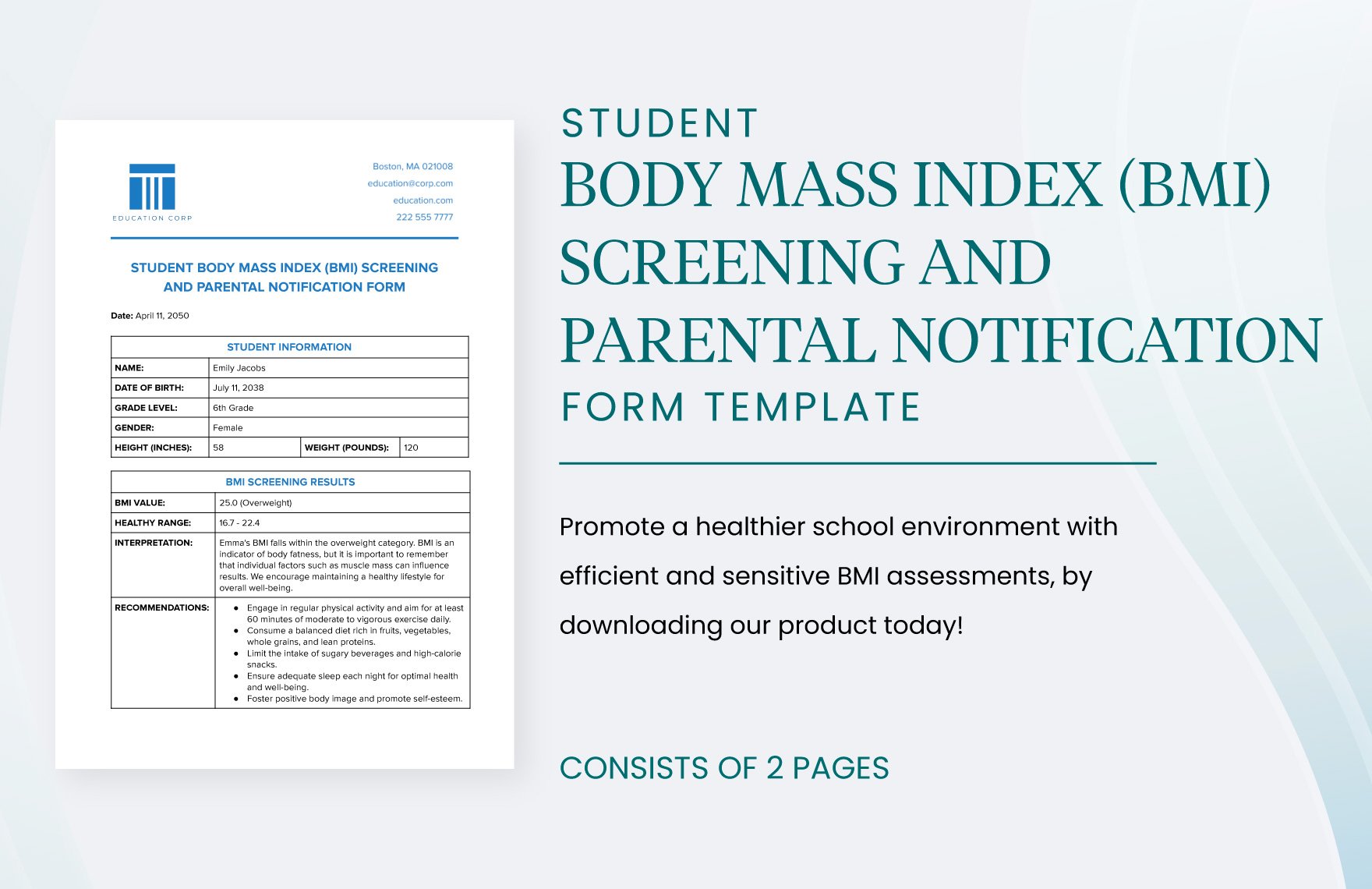 Student Body Mass Index (BMI) Screening and Parental Notification Form Template