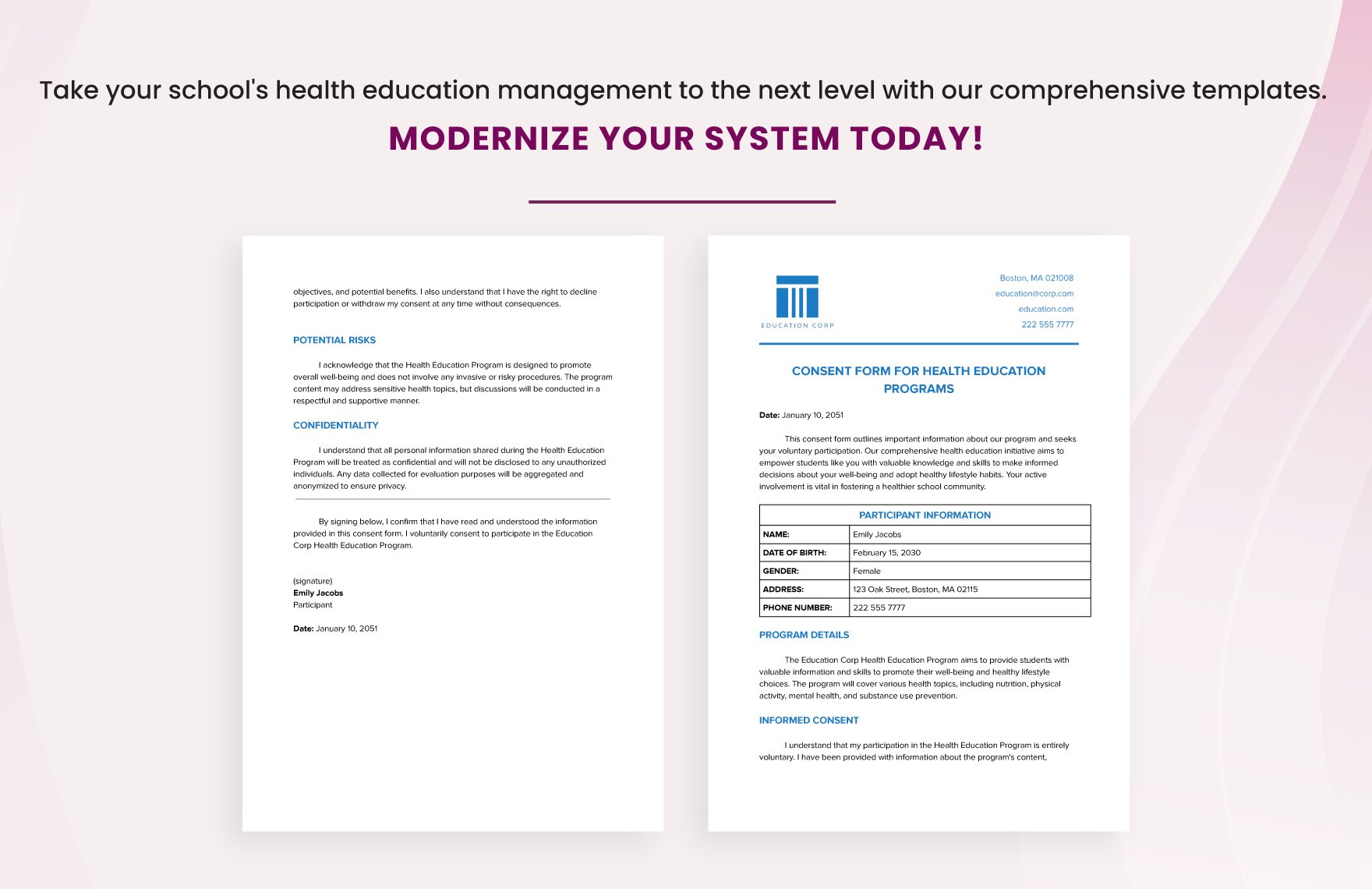 Consent Form for Health Education Programs Template