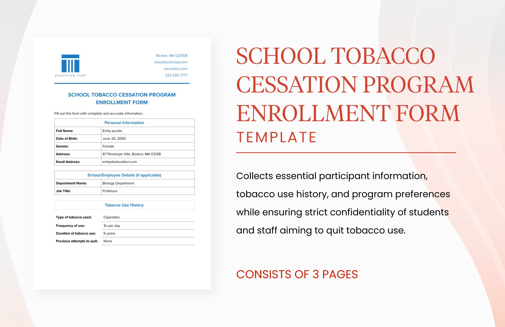 School Tobacco Cessation Program Enrollment Form Template