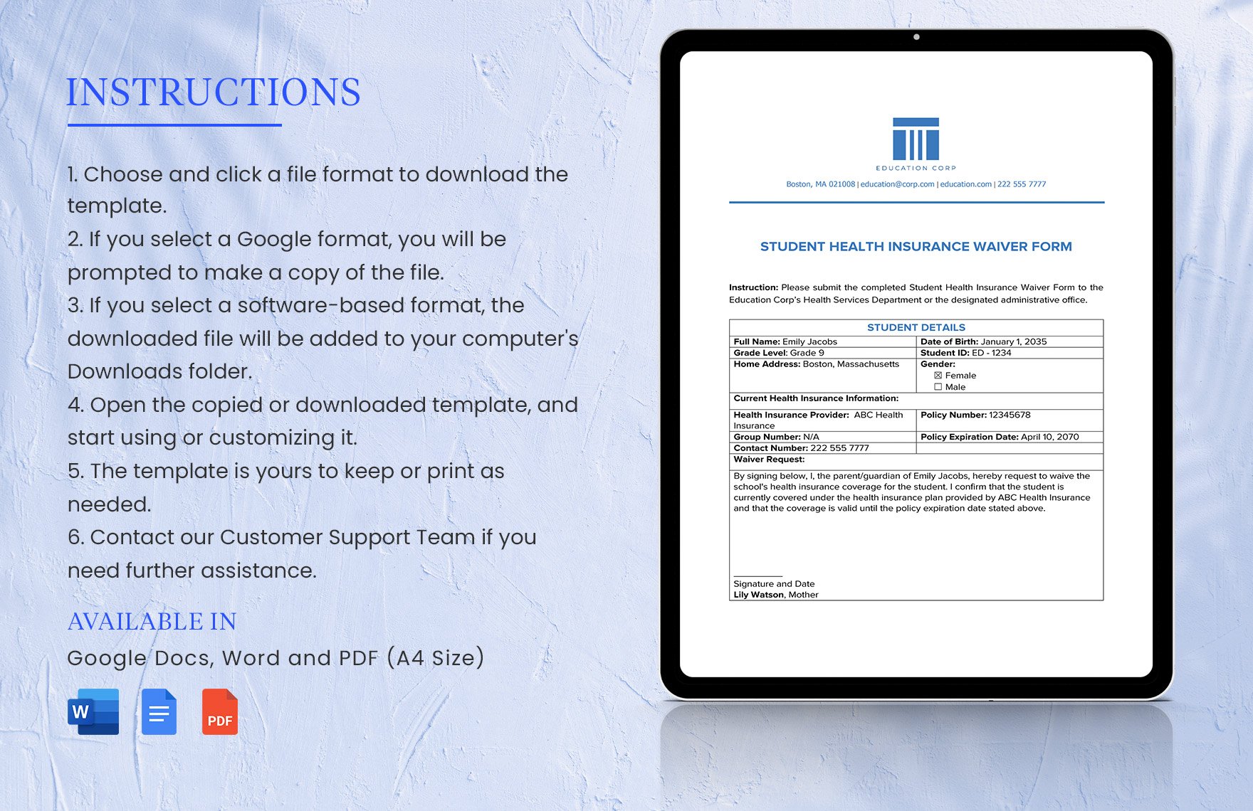 Student Health Insurance Waiver Form Template