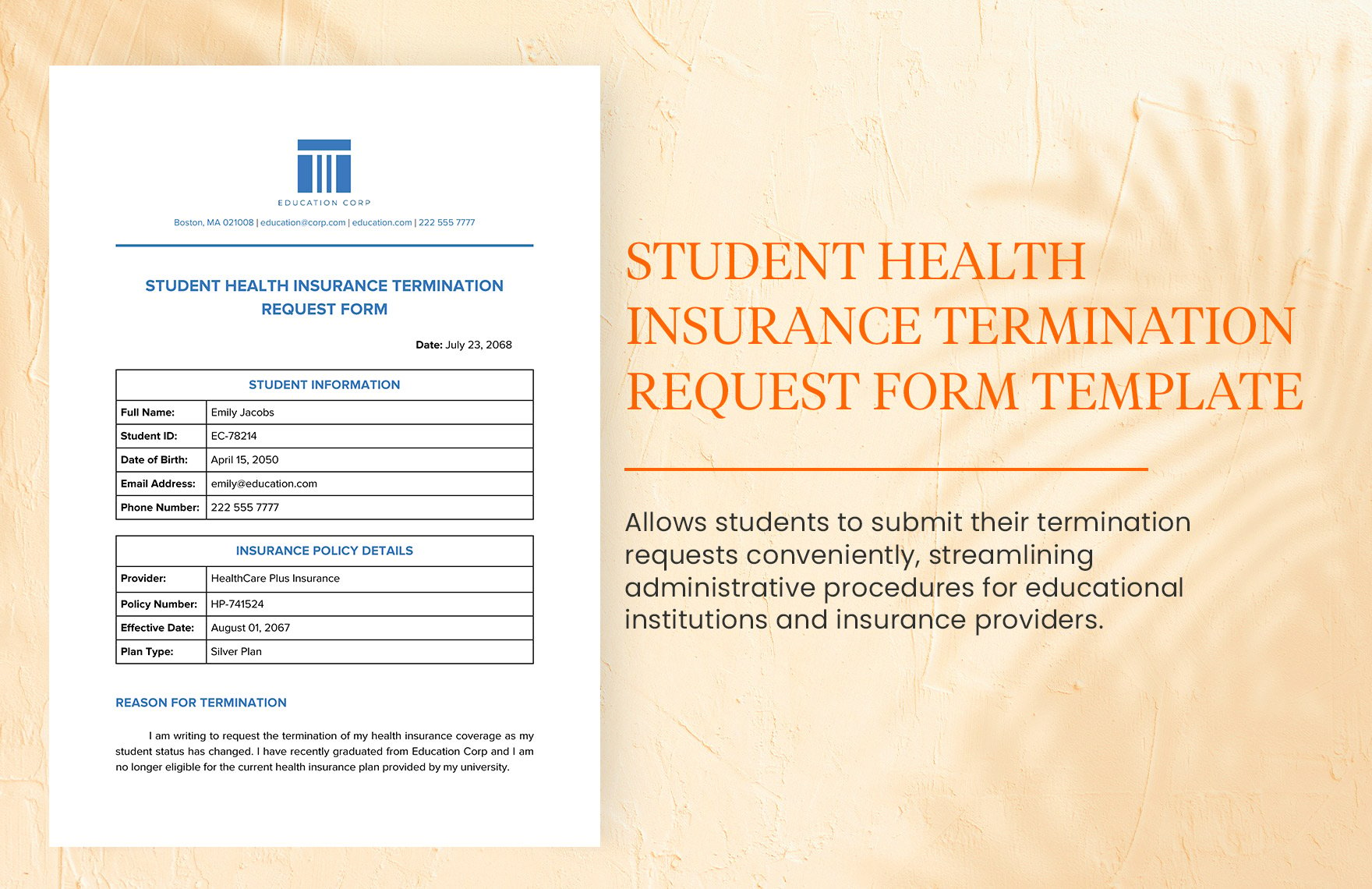 Student Health Insurance Termination Request Form Template