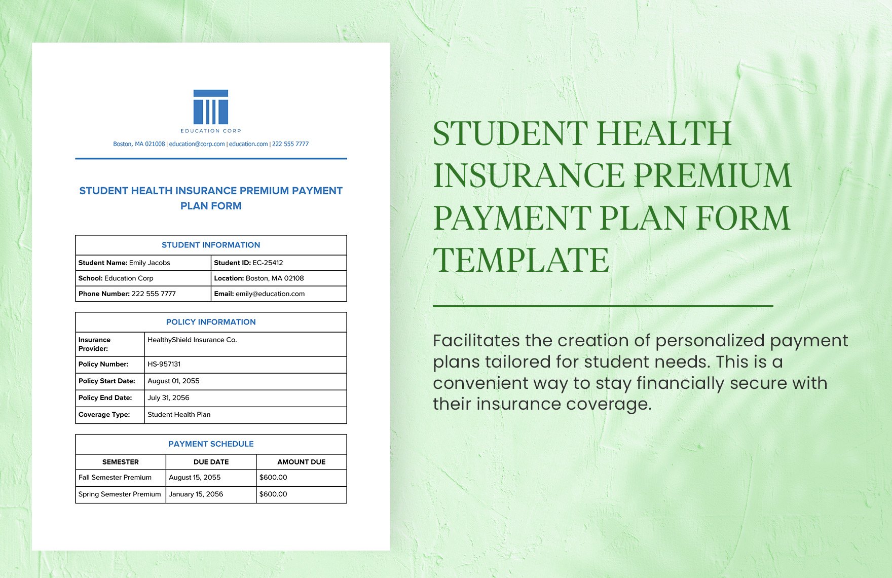 Student Health Insurance Premium Payment Plan Form Template