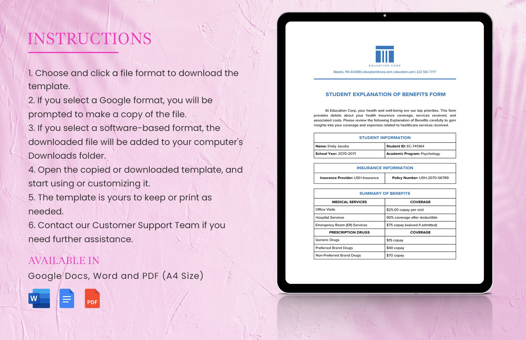 Student Explanation of Benefits Form Template