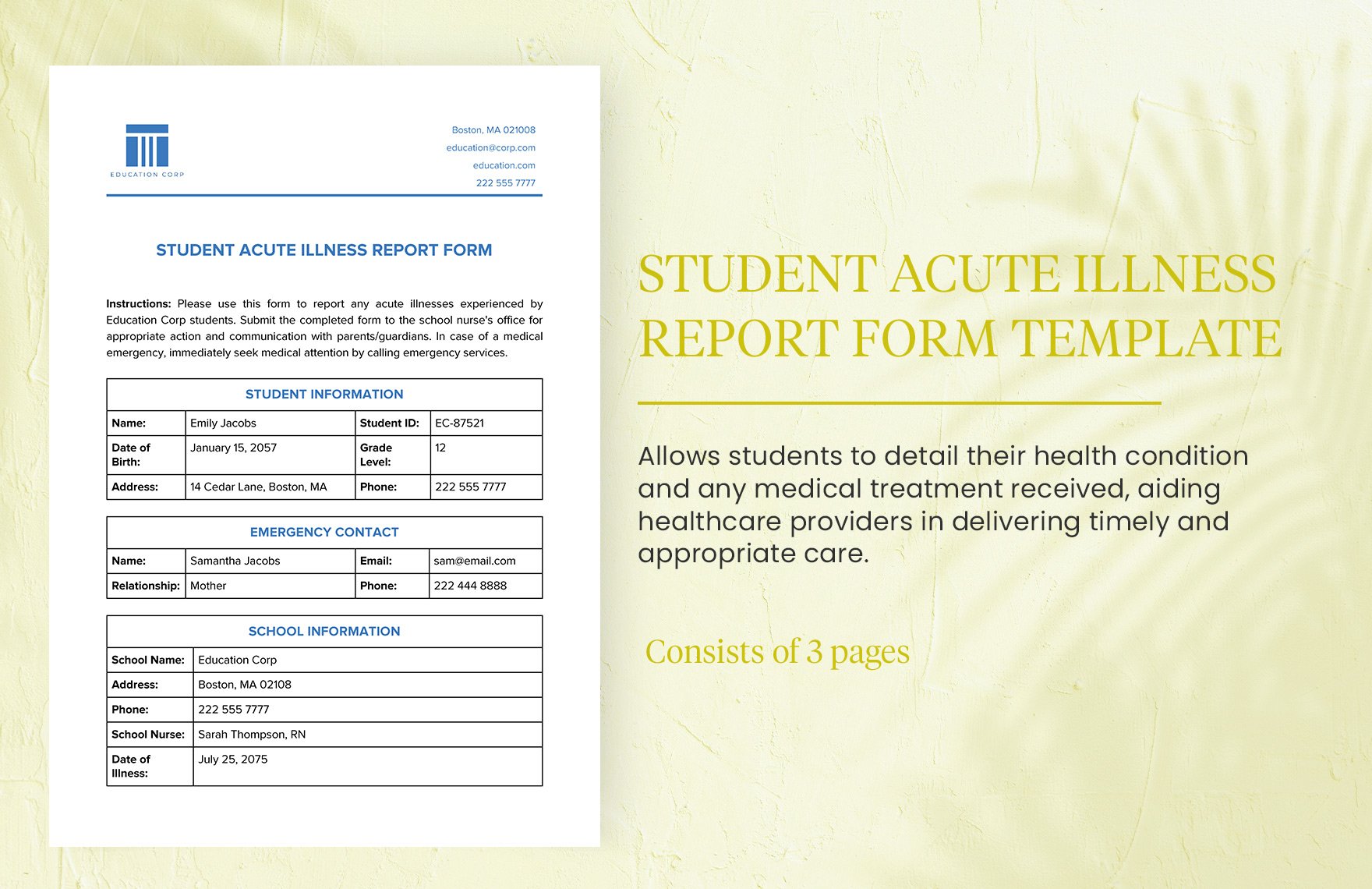 Student Acute Illness Report Form Template