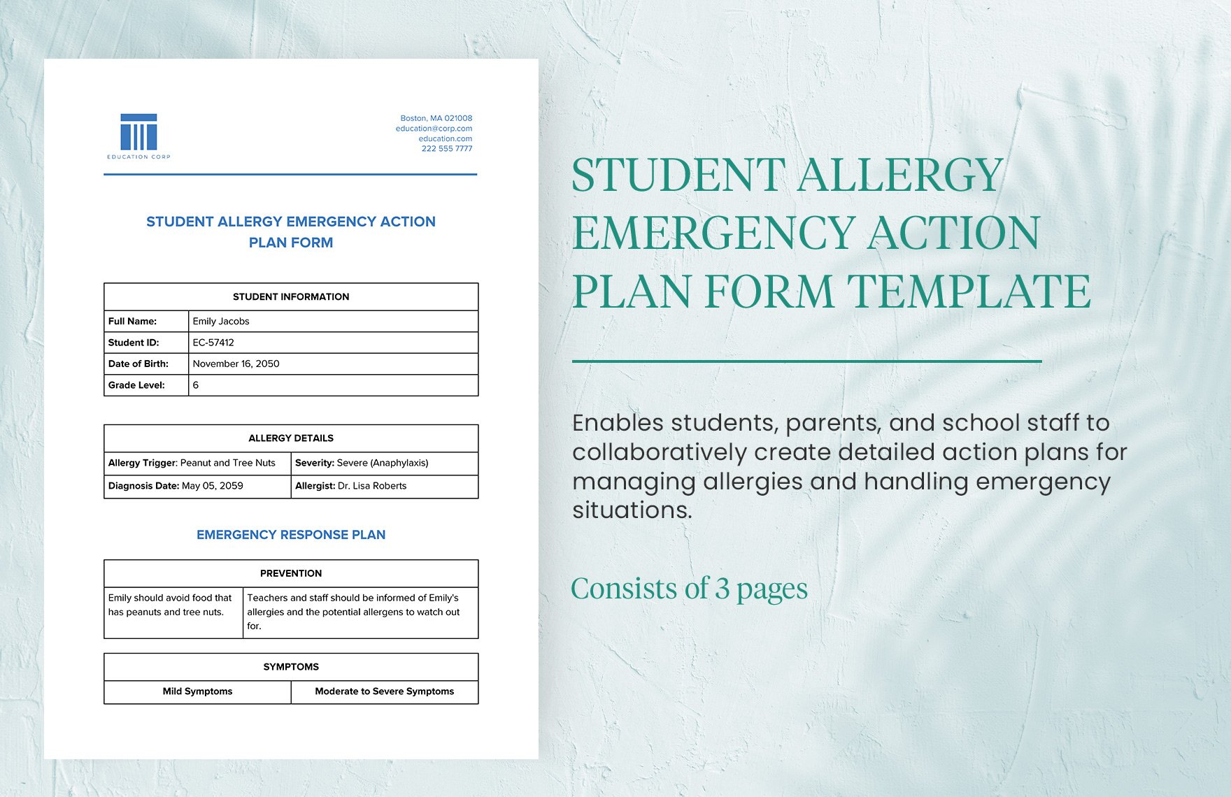 Student Allergy Emergency Action Plan Form Template