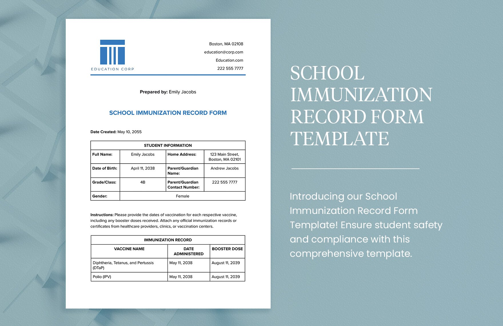 School Immunization Record Form Template