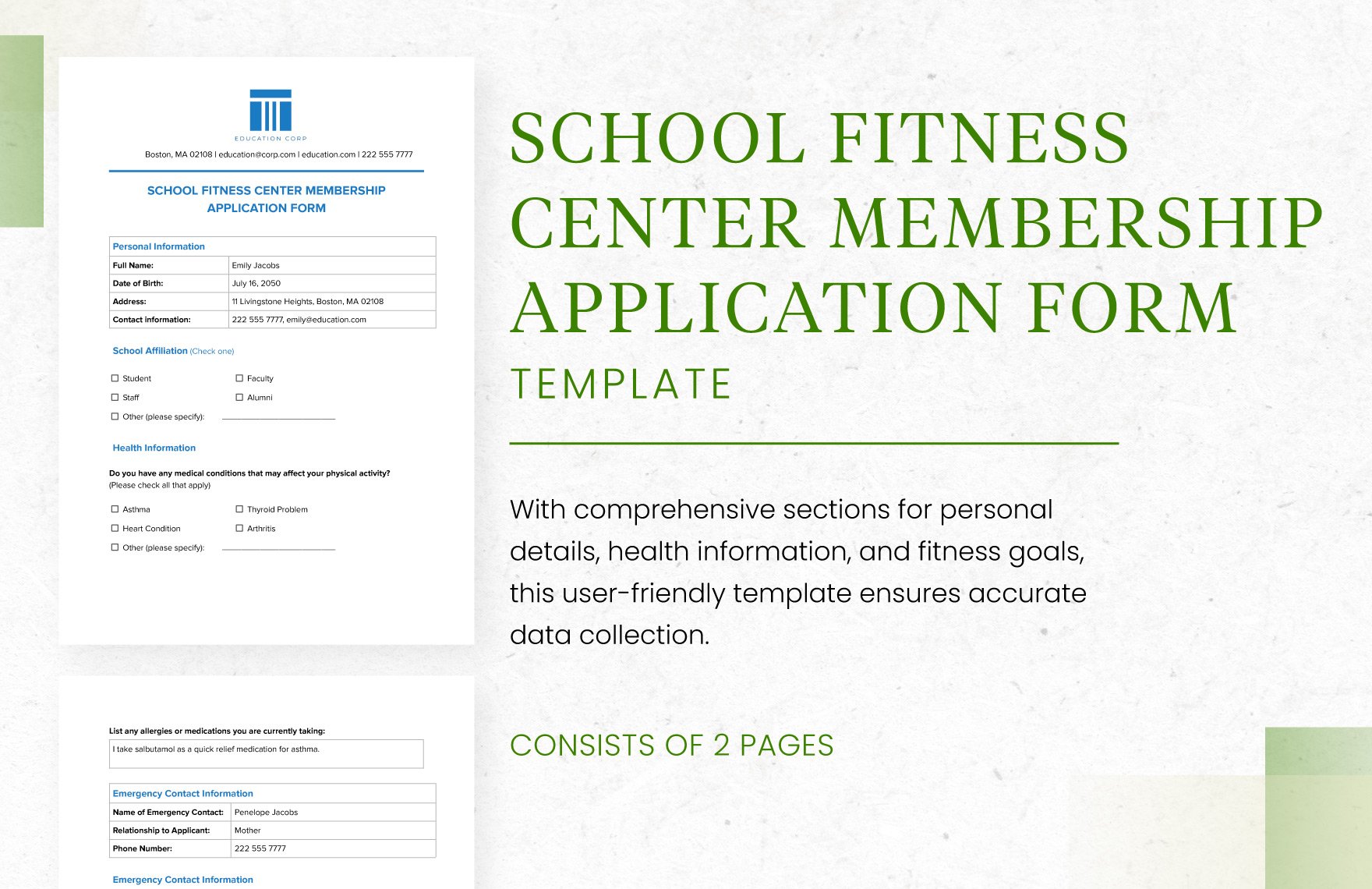 School Fitness Center Membership Application Form Template