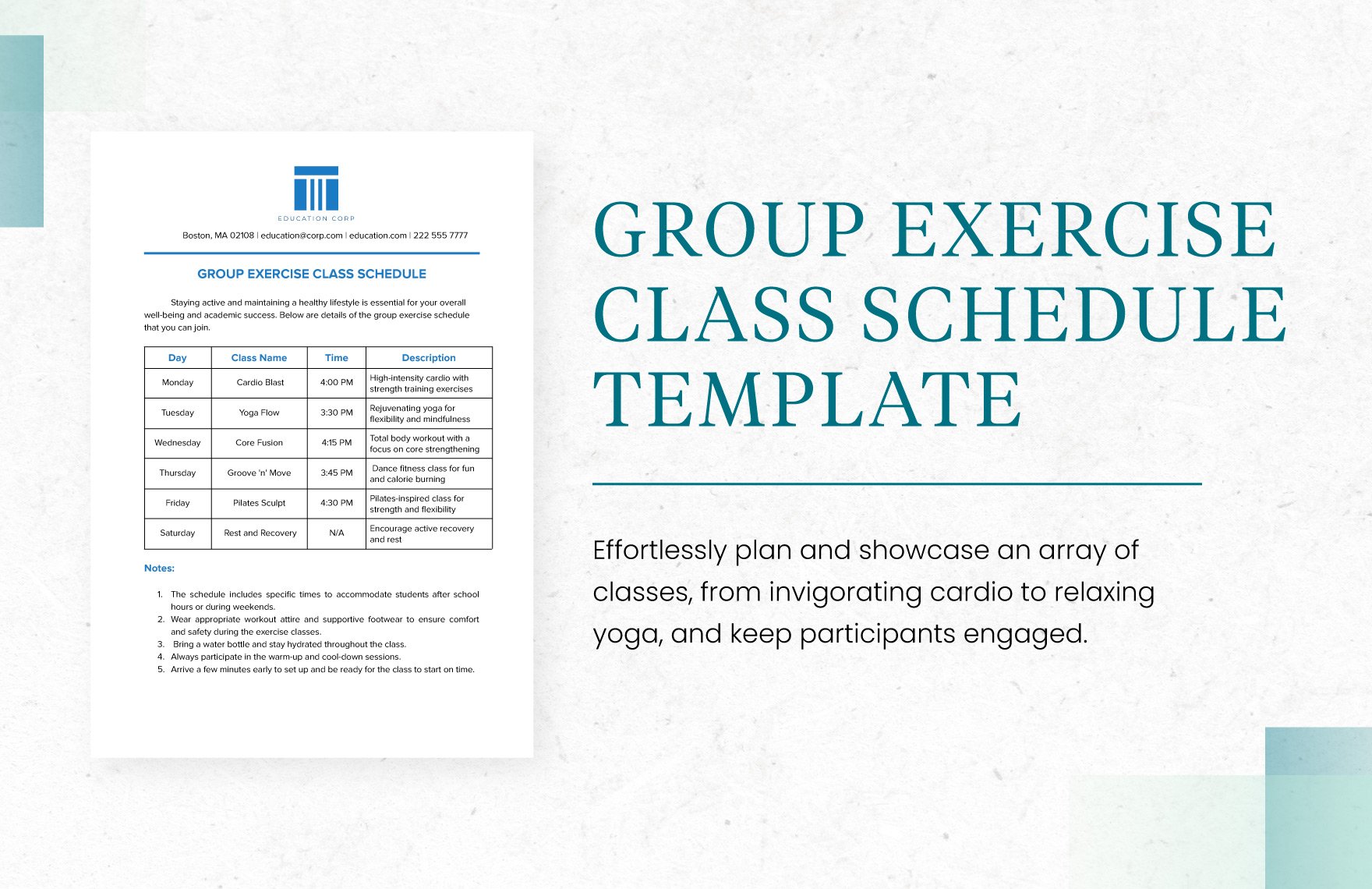 Group Exercise Class Schedule Template