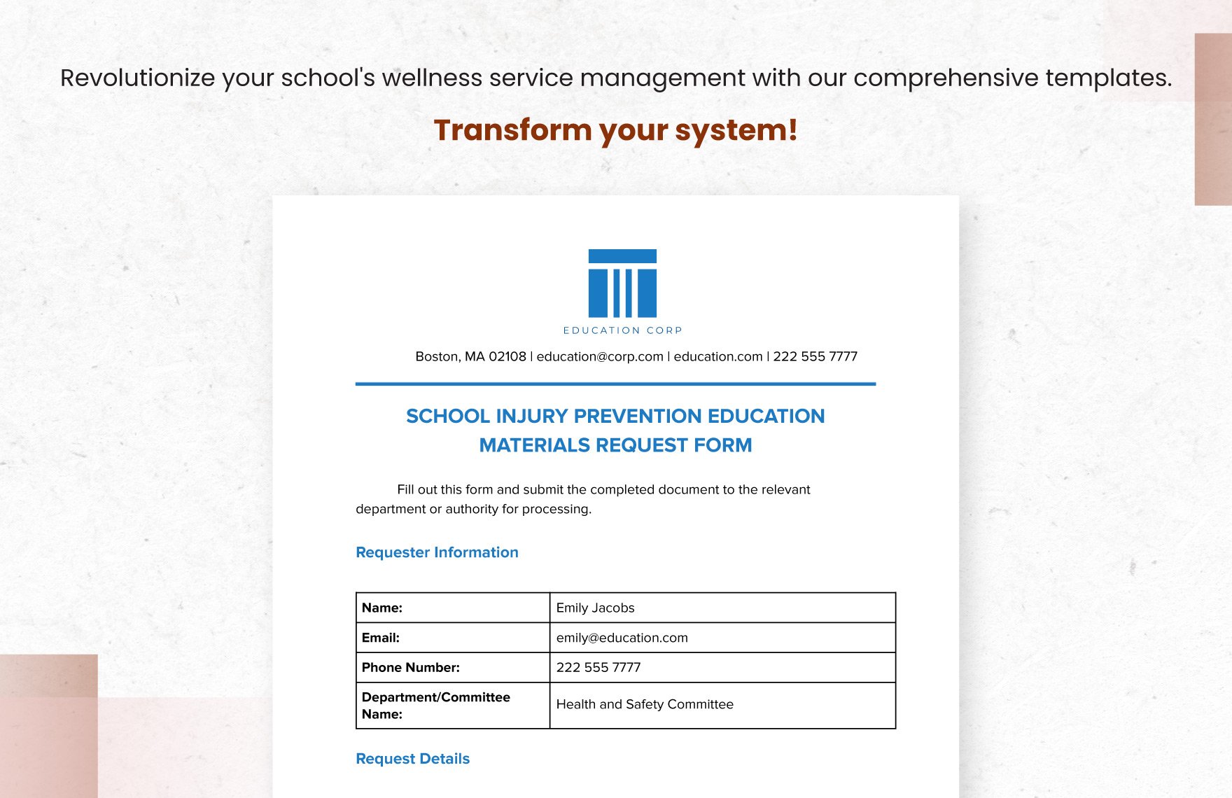 School Injury Prevention Education Materials Request Form Template