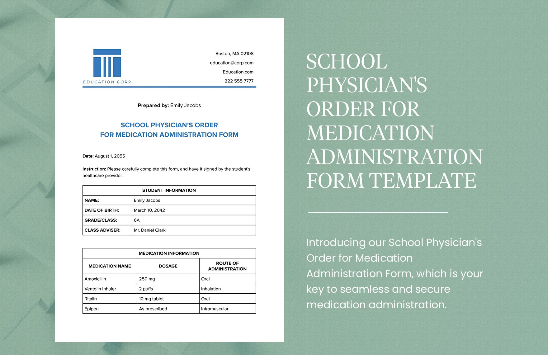 School Physician's Order for Medication Administration Form Template