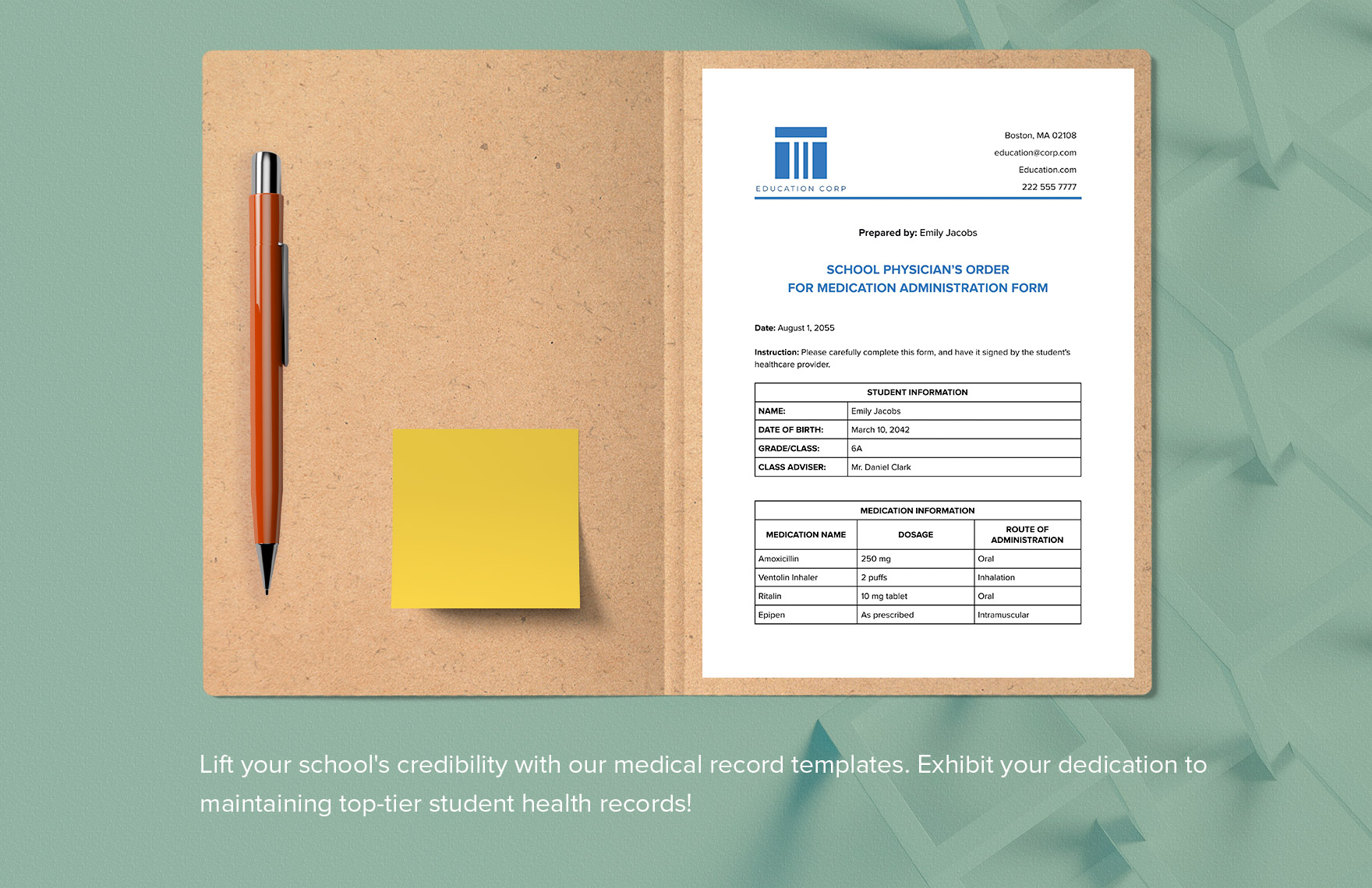 School Physician's Order for Medication Administration Form Template