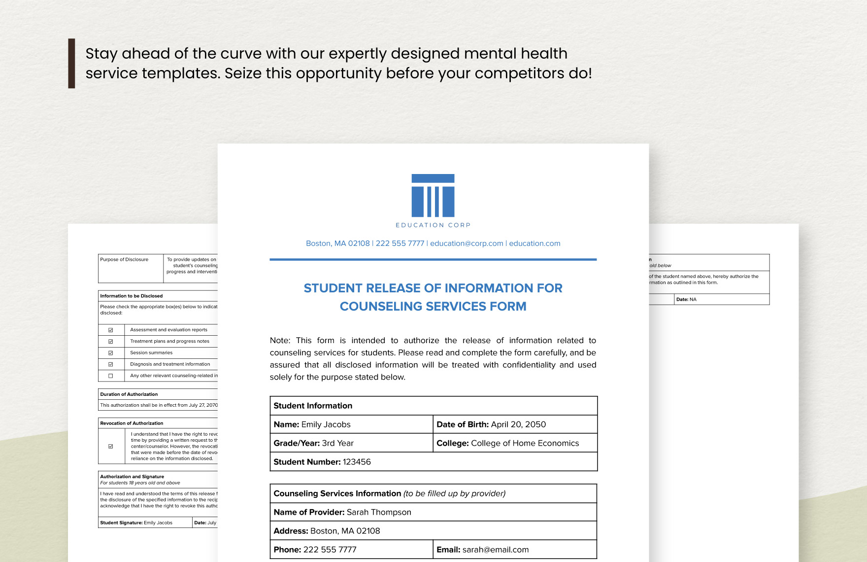 Student Release of Information for Counseling Services Form Template