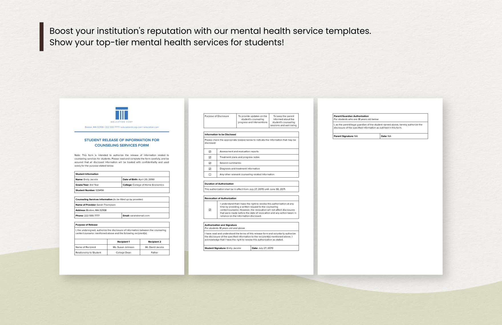 Student Release of Information for Counseling Services Form Template