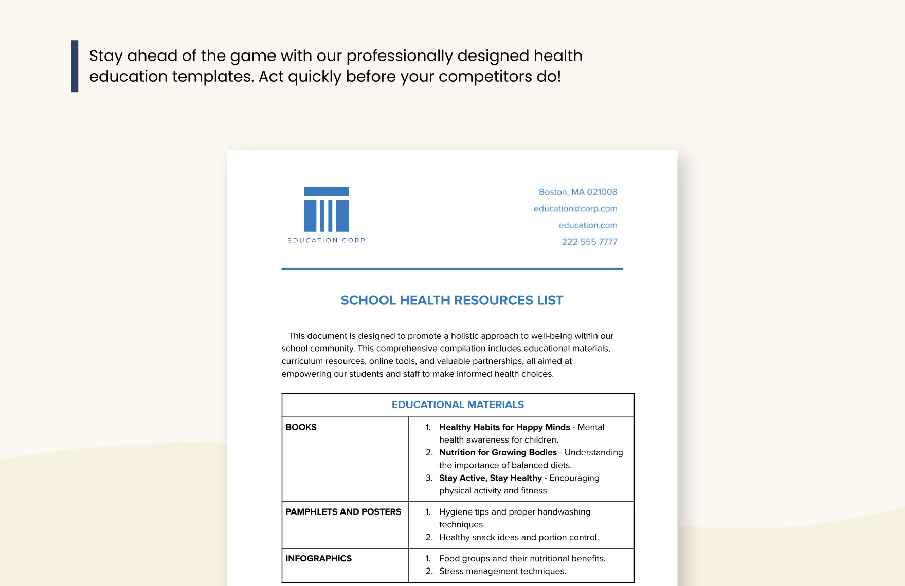 School Health Resources List Template