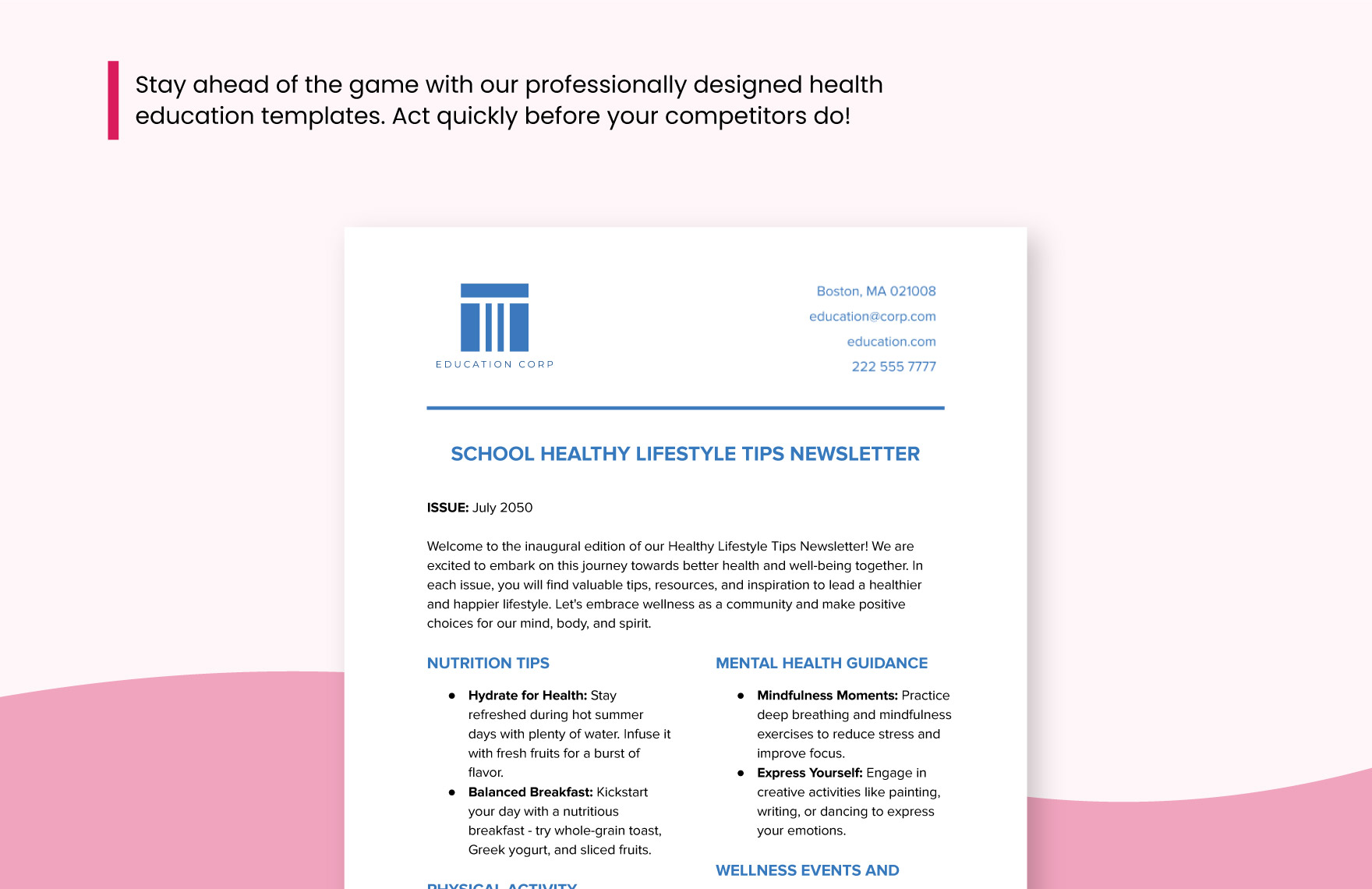 School Healthy Lifestyle Tips Newsletter Template