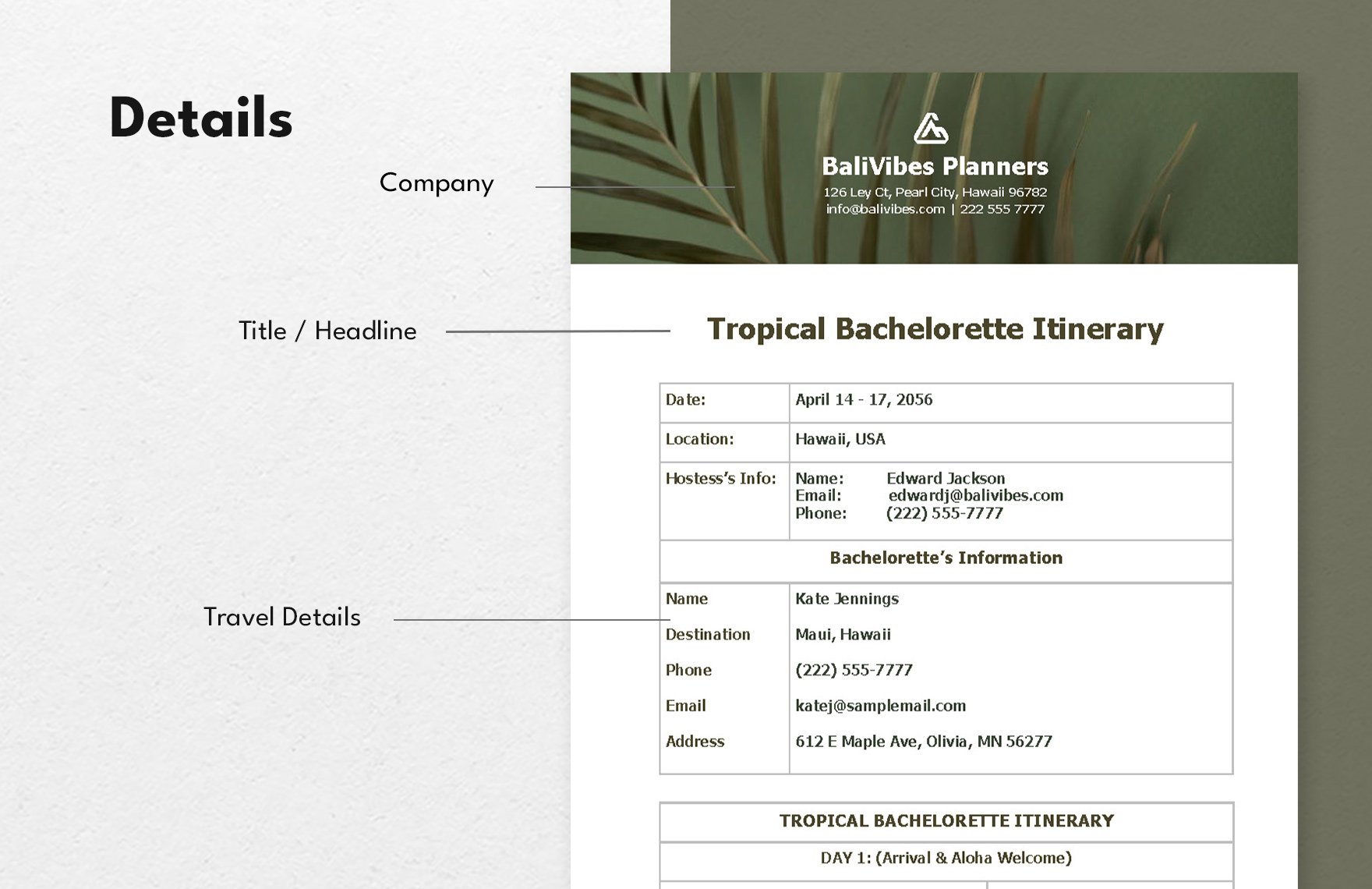Tropical Bachelorette Itinerary 