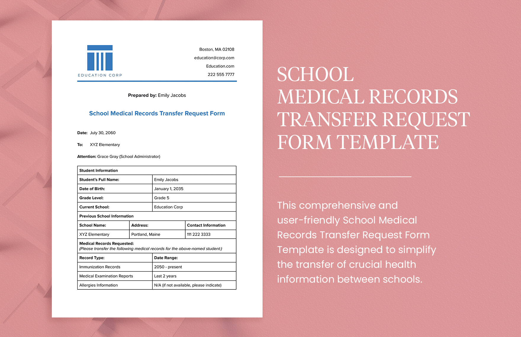 School Medical Records Transfer Request Form Template In PDF Word 