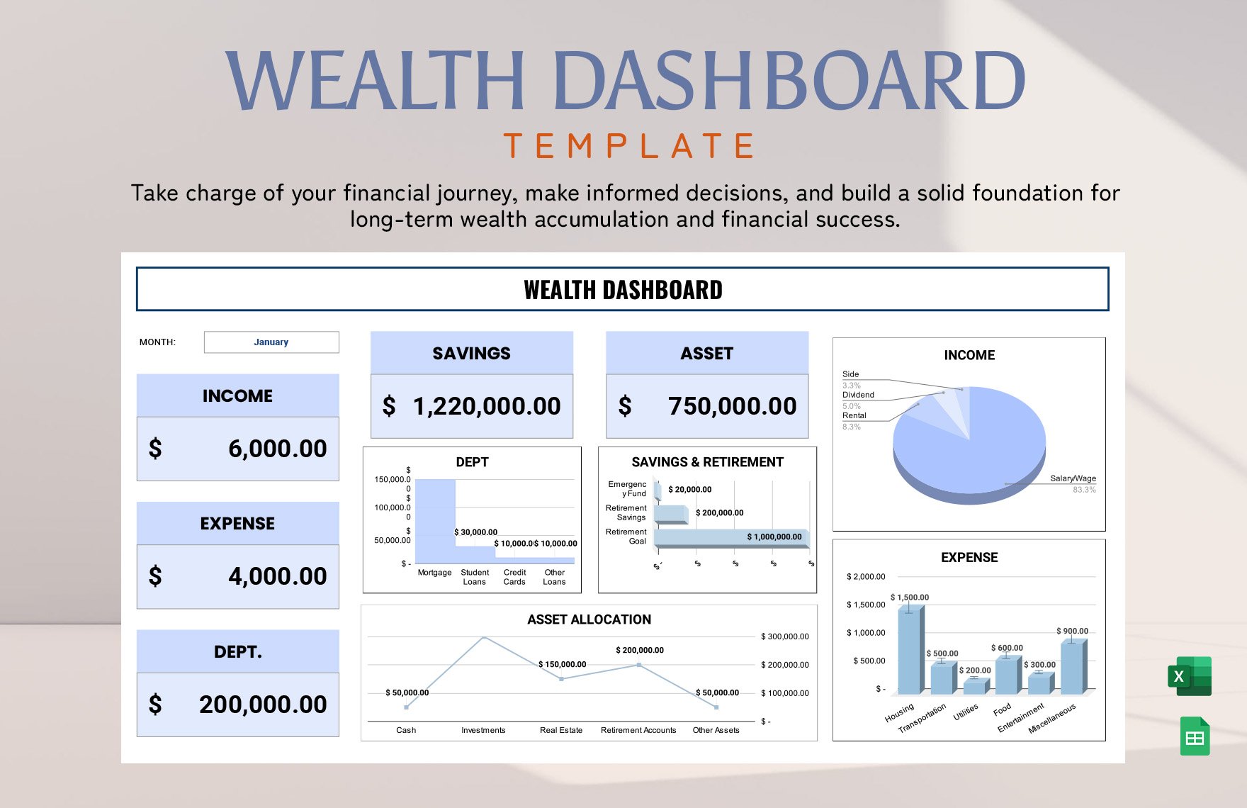 Wealth Dashboard Template in Excel, Google Sheets
