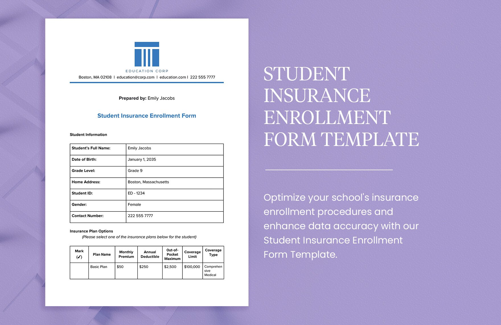 Student Insurance Enrollment Form Template