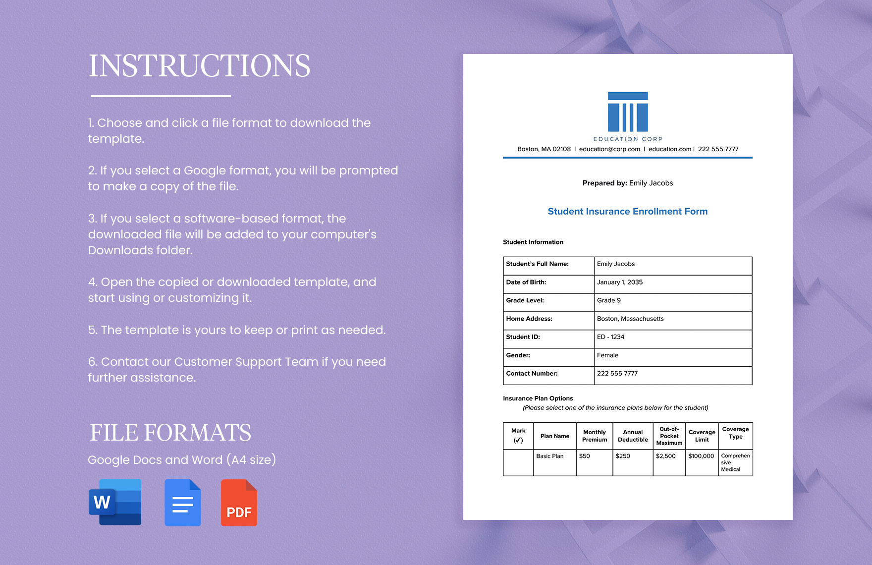 Student Insurance Enrollment Form Template - Download in Word, Google ...