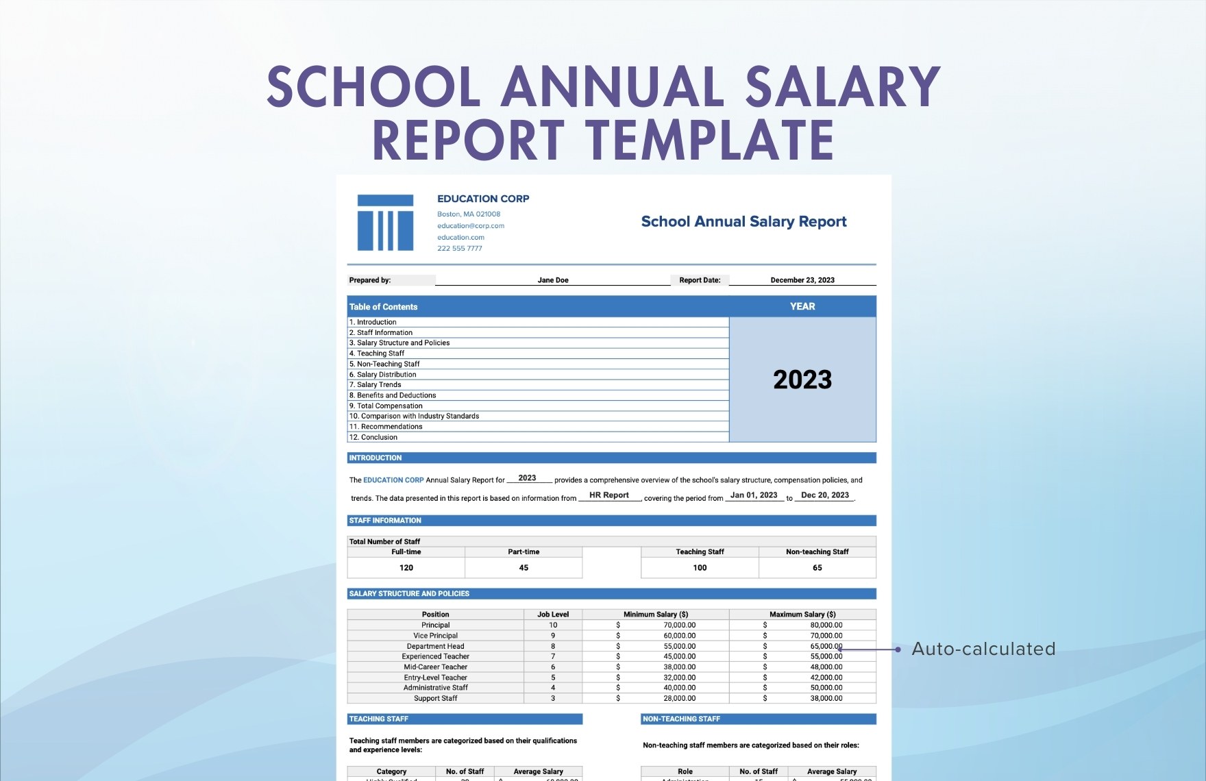 School Annual Salary Report Template