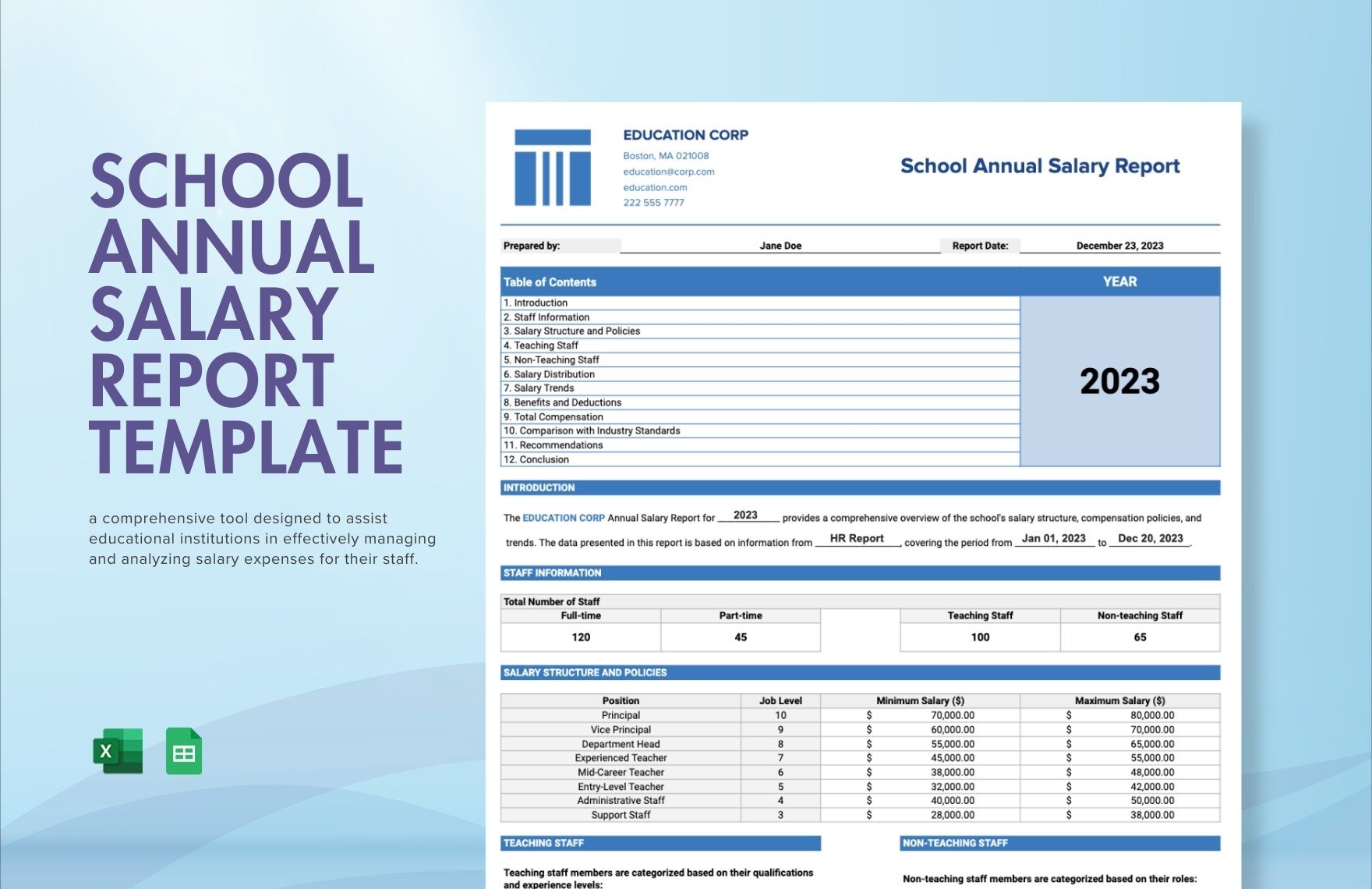 School Annual Salary Report Template in Excel, Google Sheets