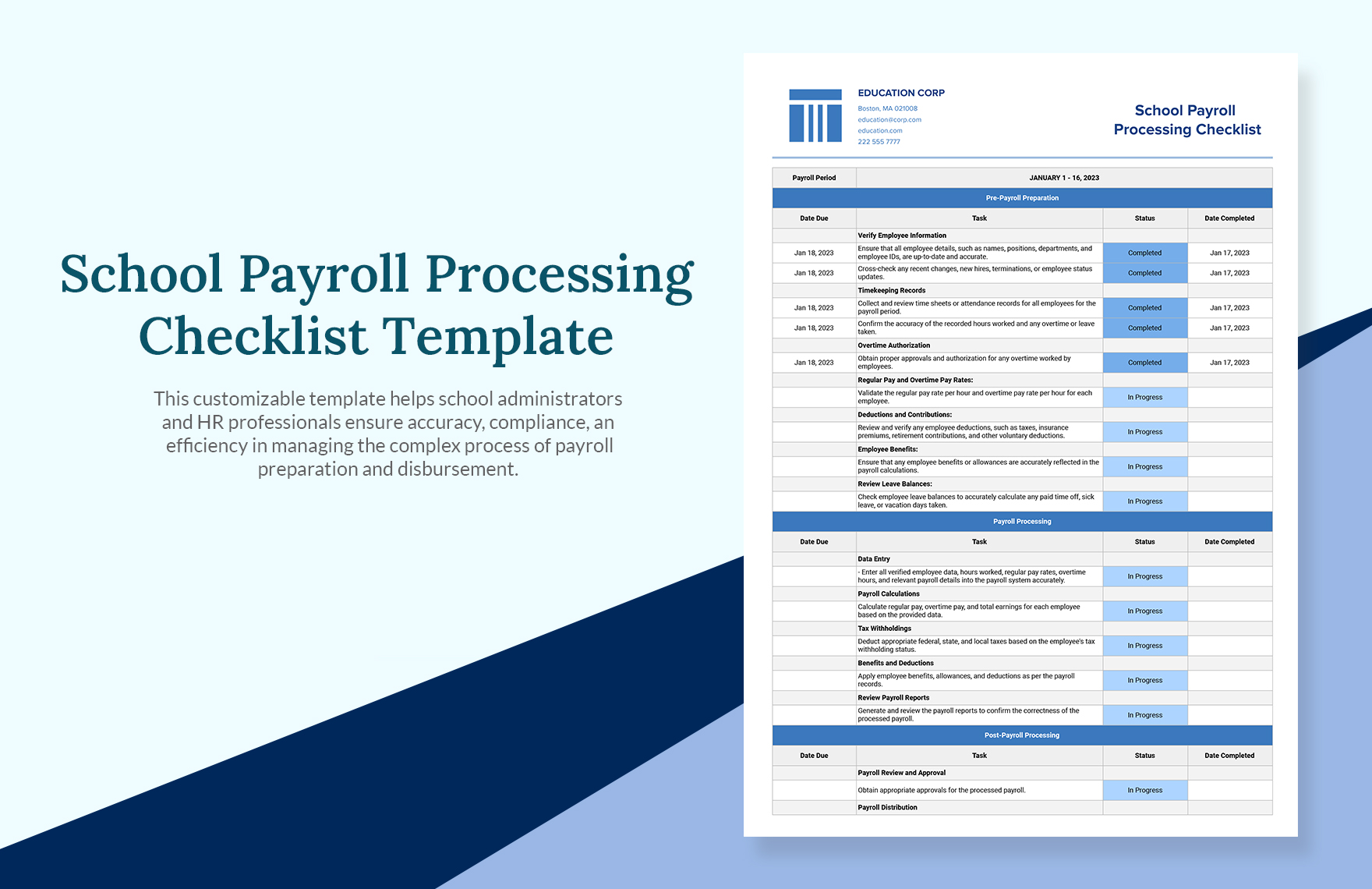 School Payroll Processing Checklist Template