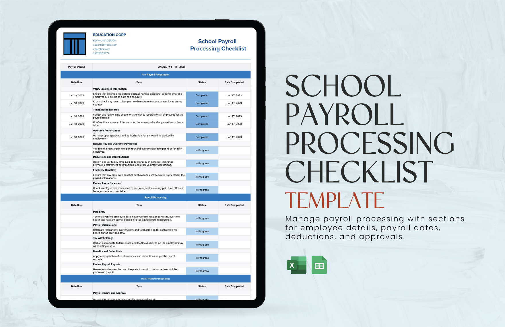 School Payroll Processing Checklist Template in Excel, Google Sheets