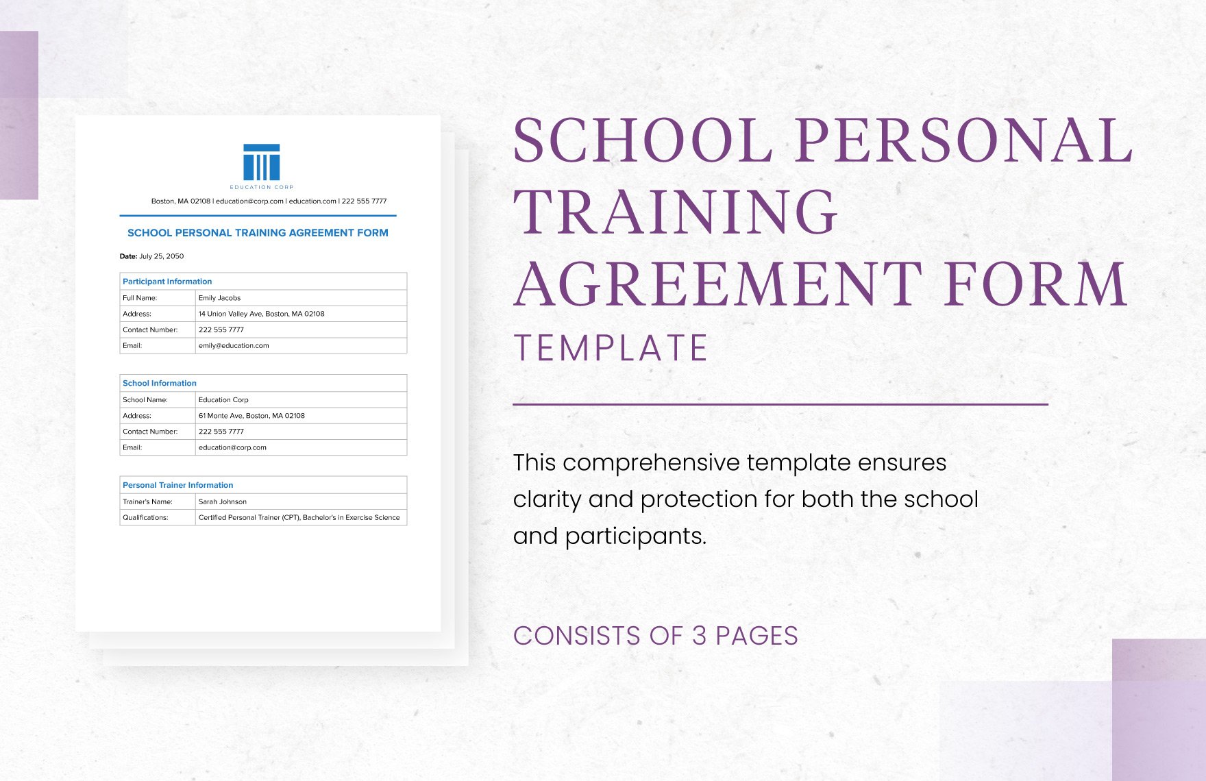 School Personal Training Agreement Form Template