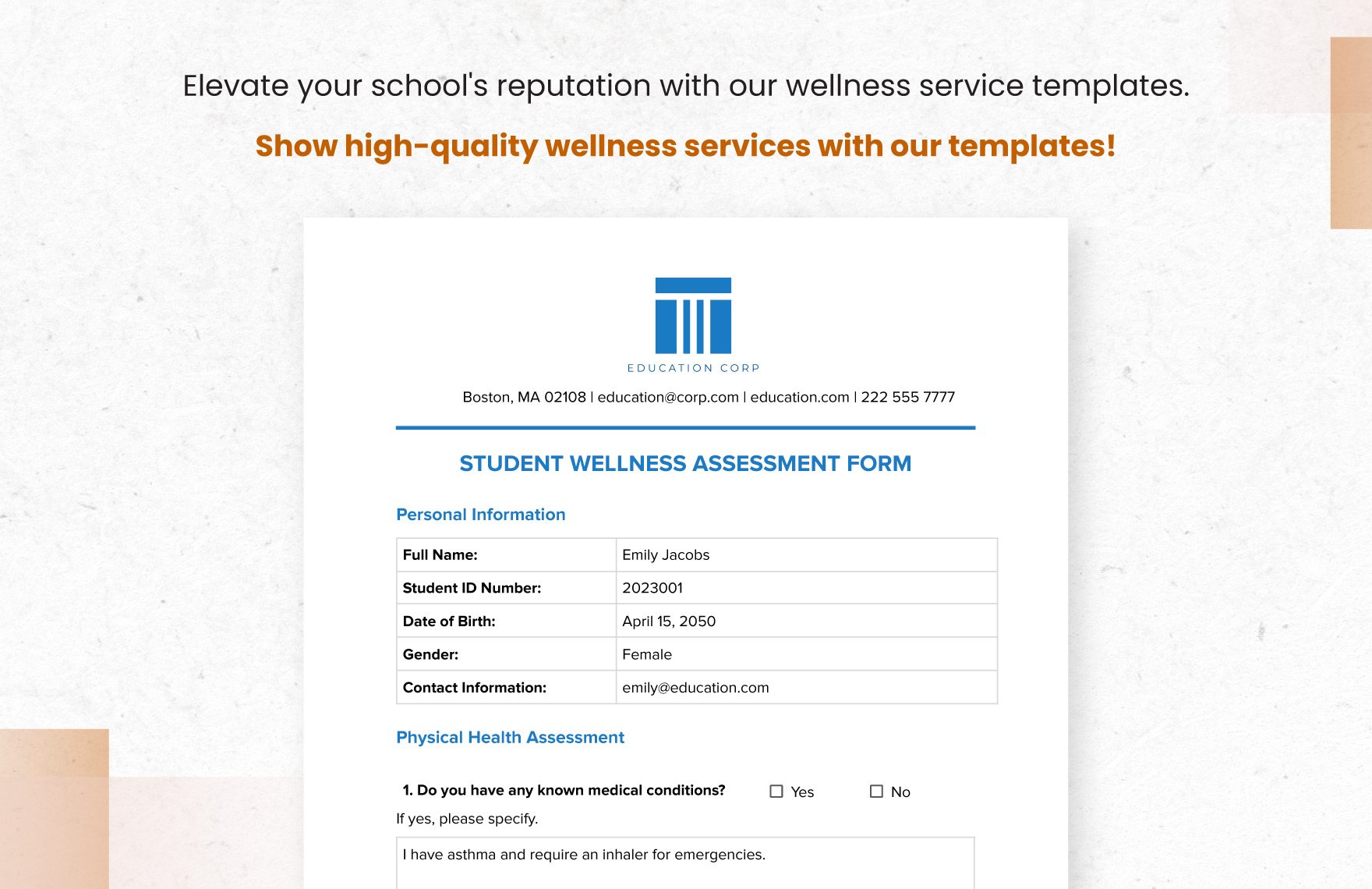Student Wellness Assessment Form Template