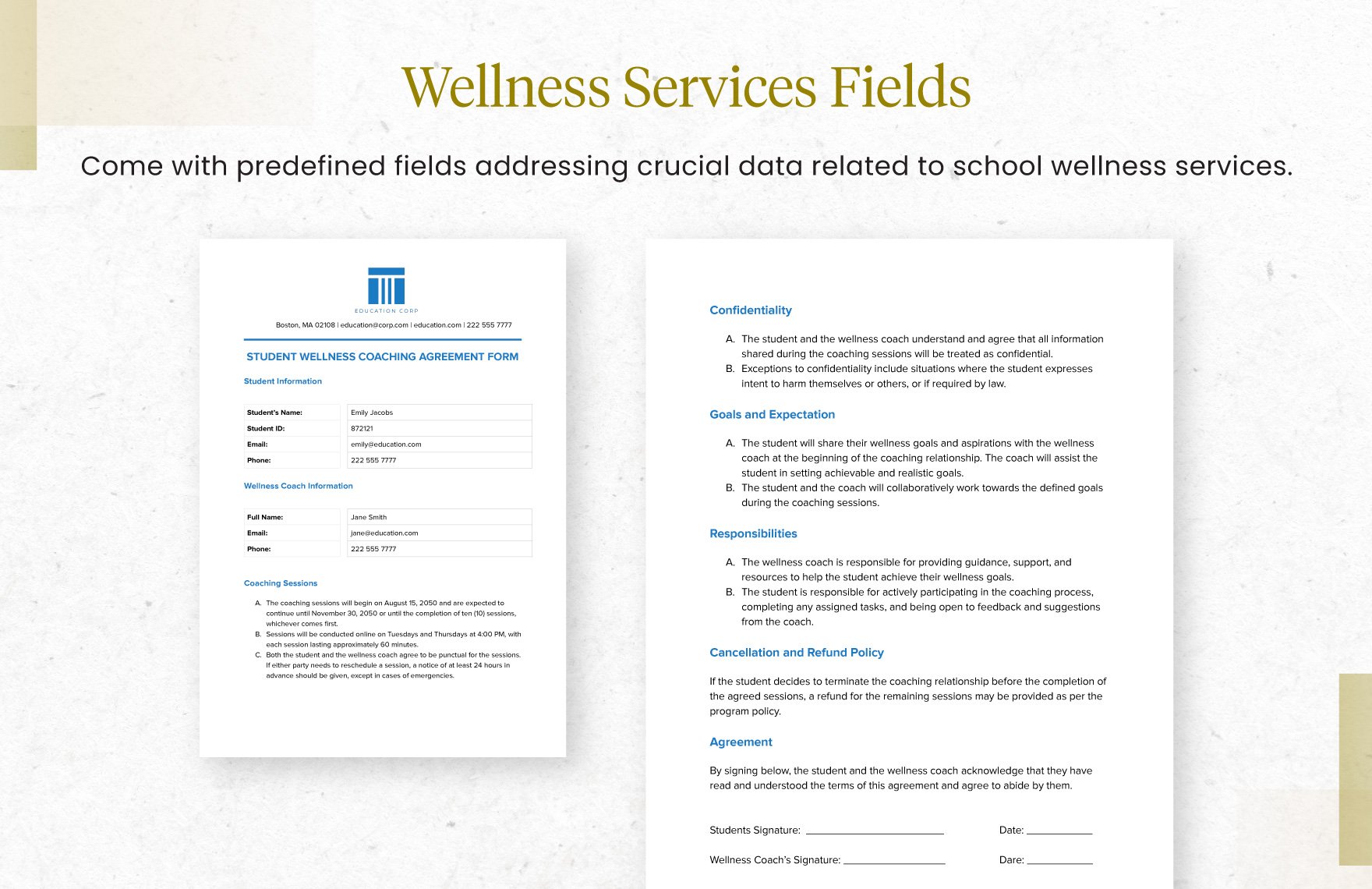 Student Wellness Coaching Agreement Form Template