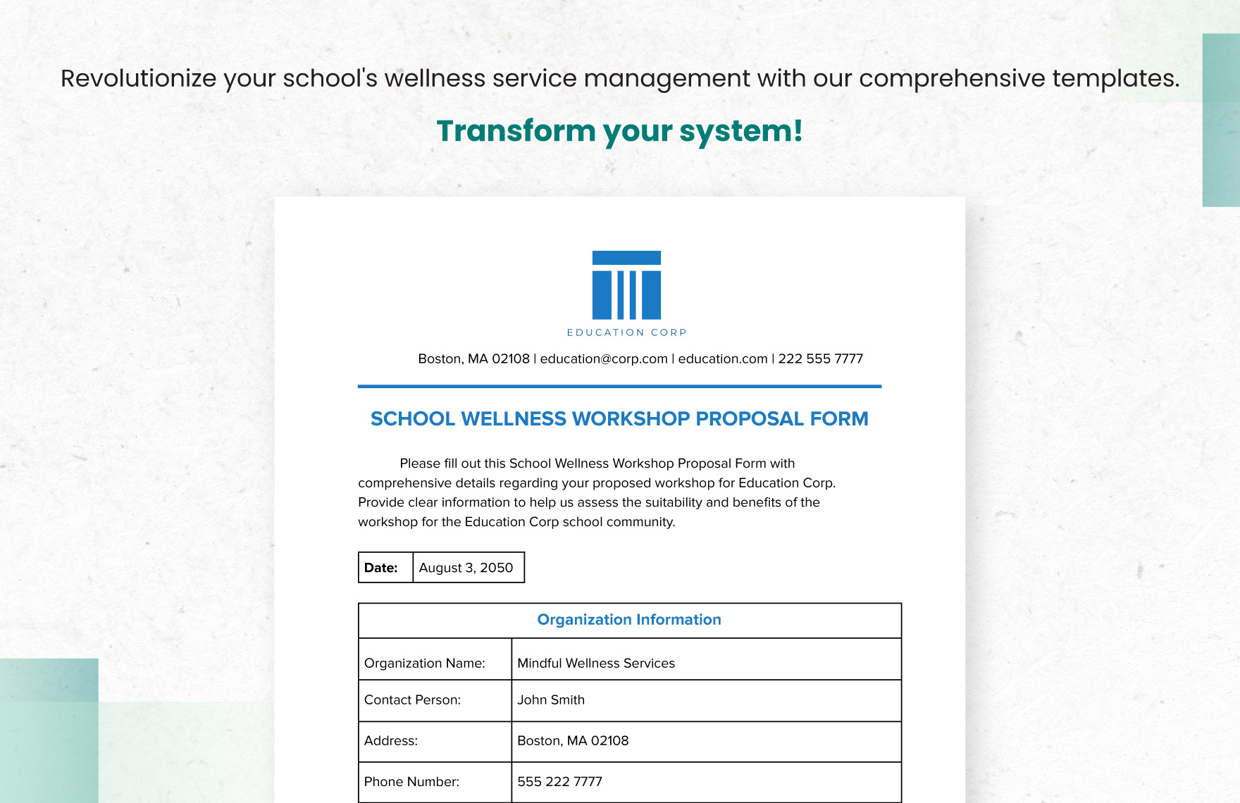 School Wellness Workshop Proposal Form Template