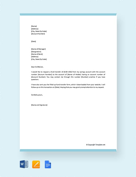 Free Fund Transfer Letter To Bank Manager Template Word Google