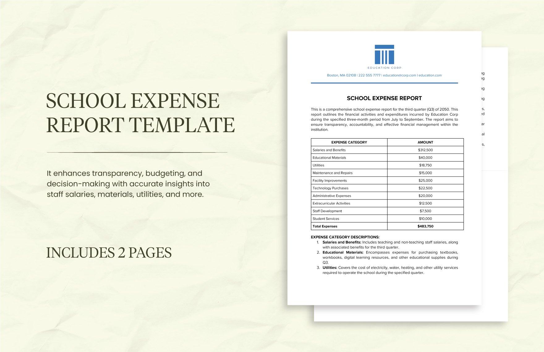 School Expense Report Template