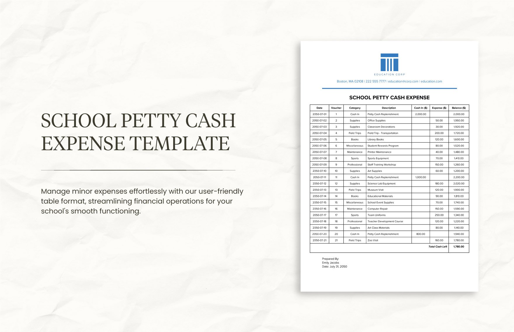 School Petty Cash Expense Template in Word, Google Docs, PDF
