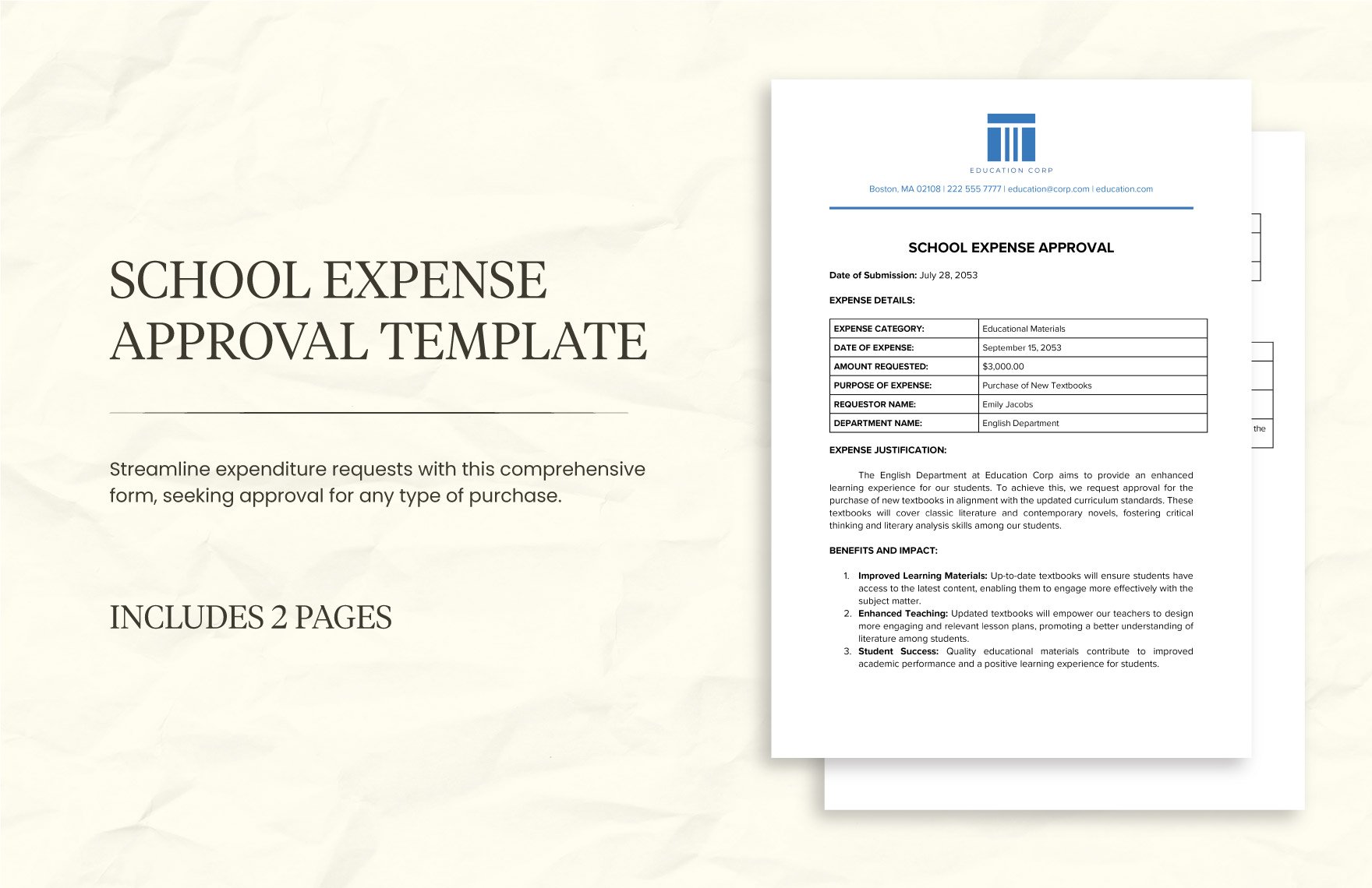 School Expense Approval Template in Word, Google Docs, PDF
