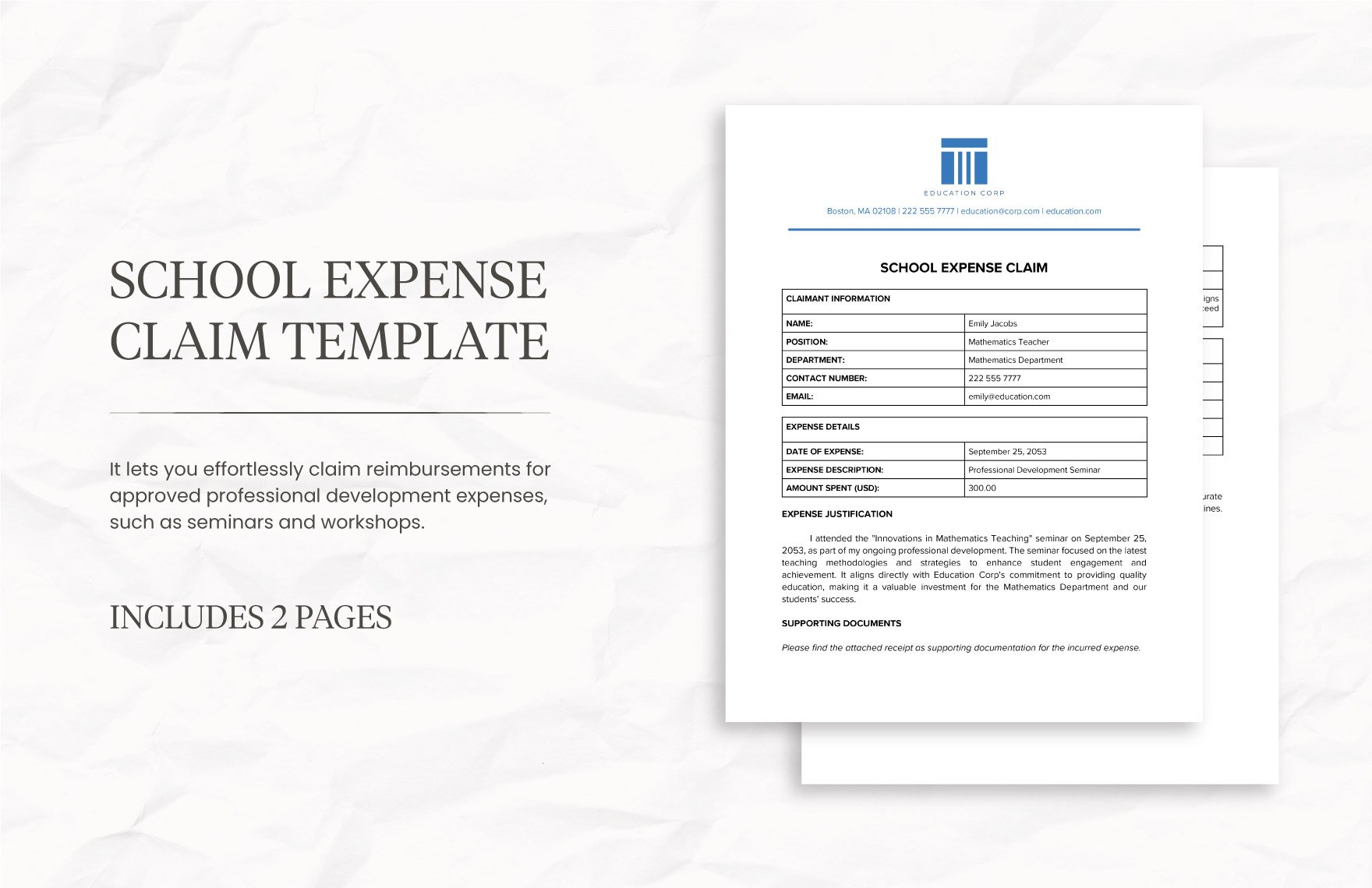 School Expense Claim Template in Word, Google Docs, PDF