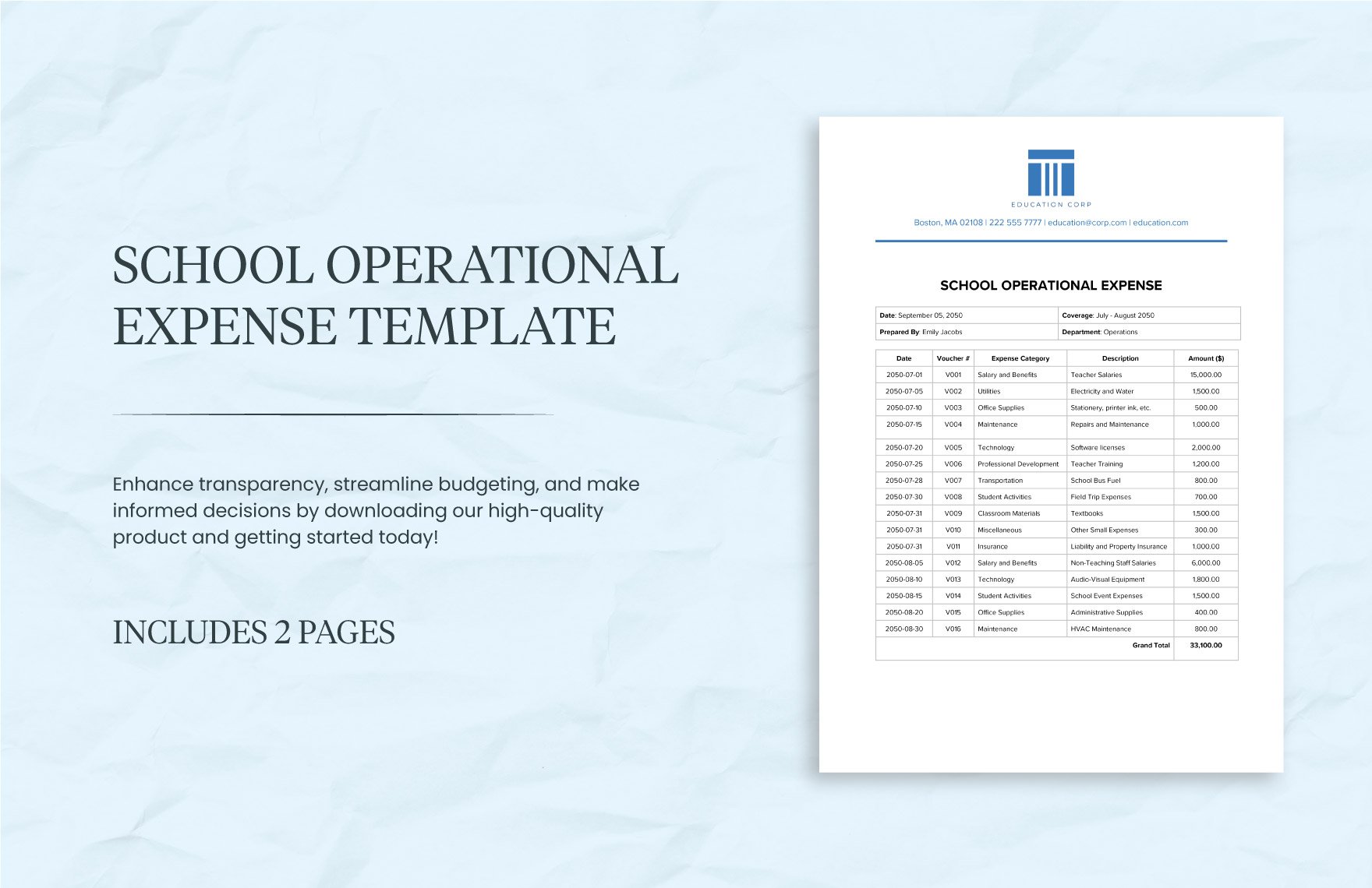 School Operational Expense Template in Word, Google Docs, PDF