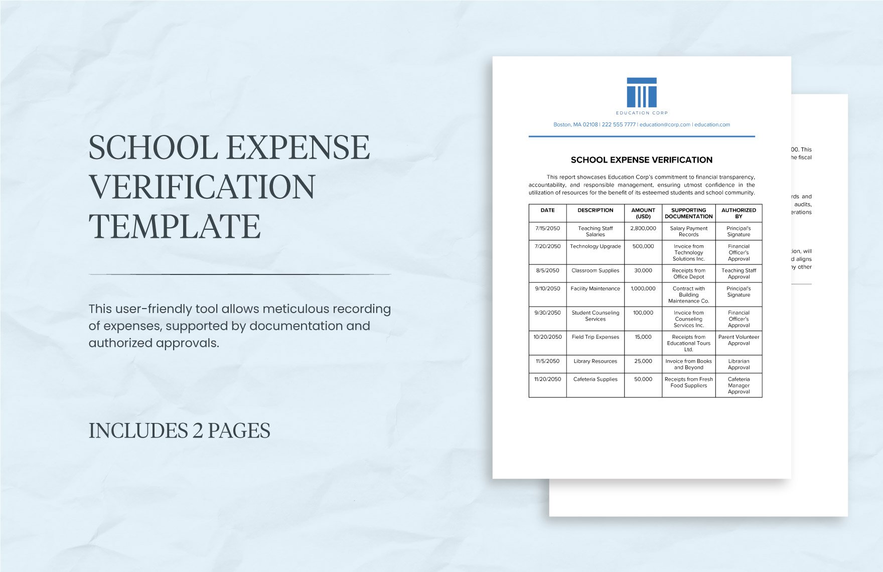 School Expense Verification Template in Word, Google Docs, PDF