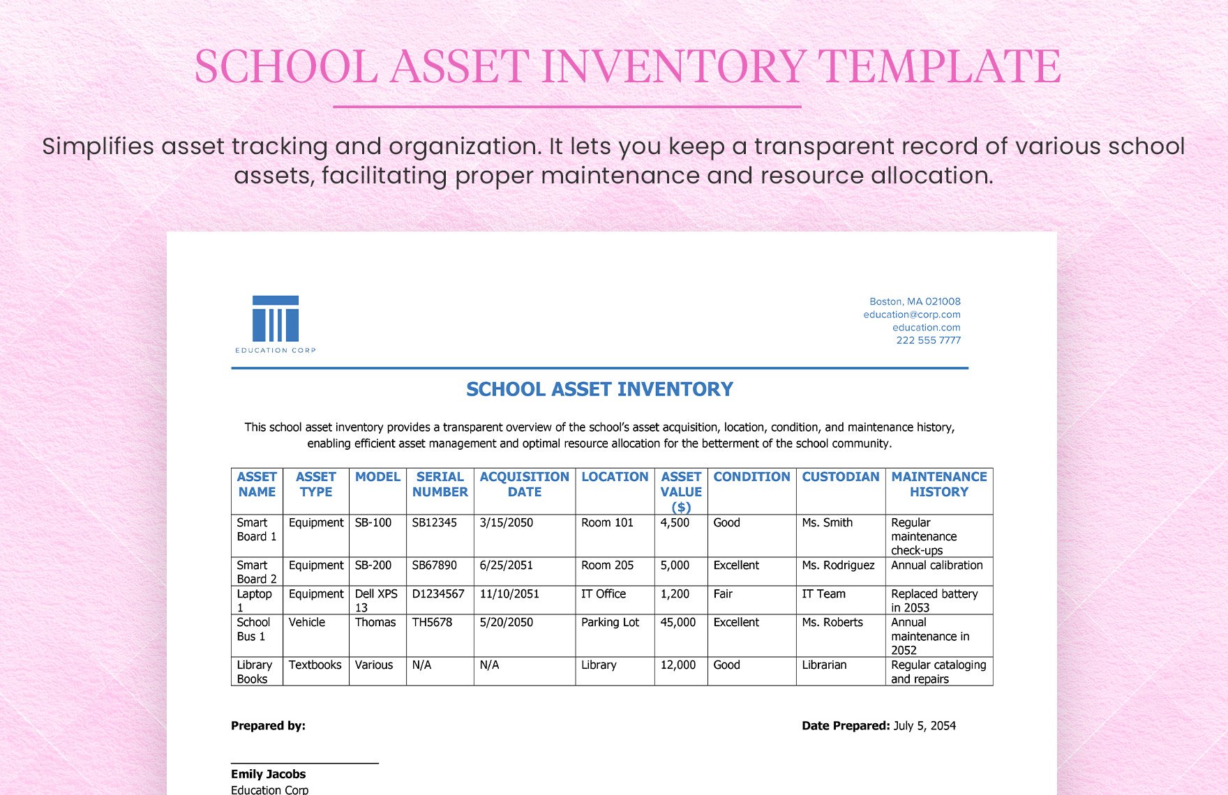 School Asset Inventory Template in Word, Google Docs, PDF