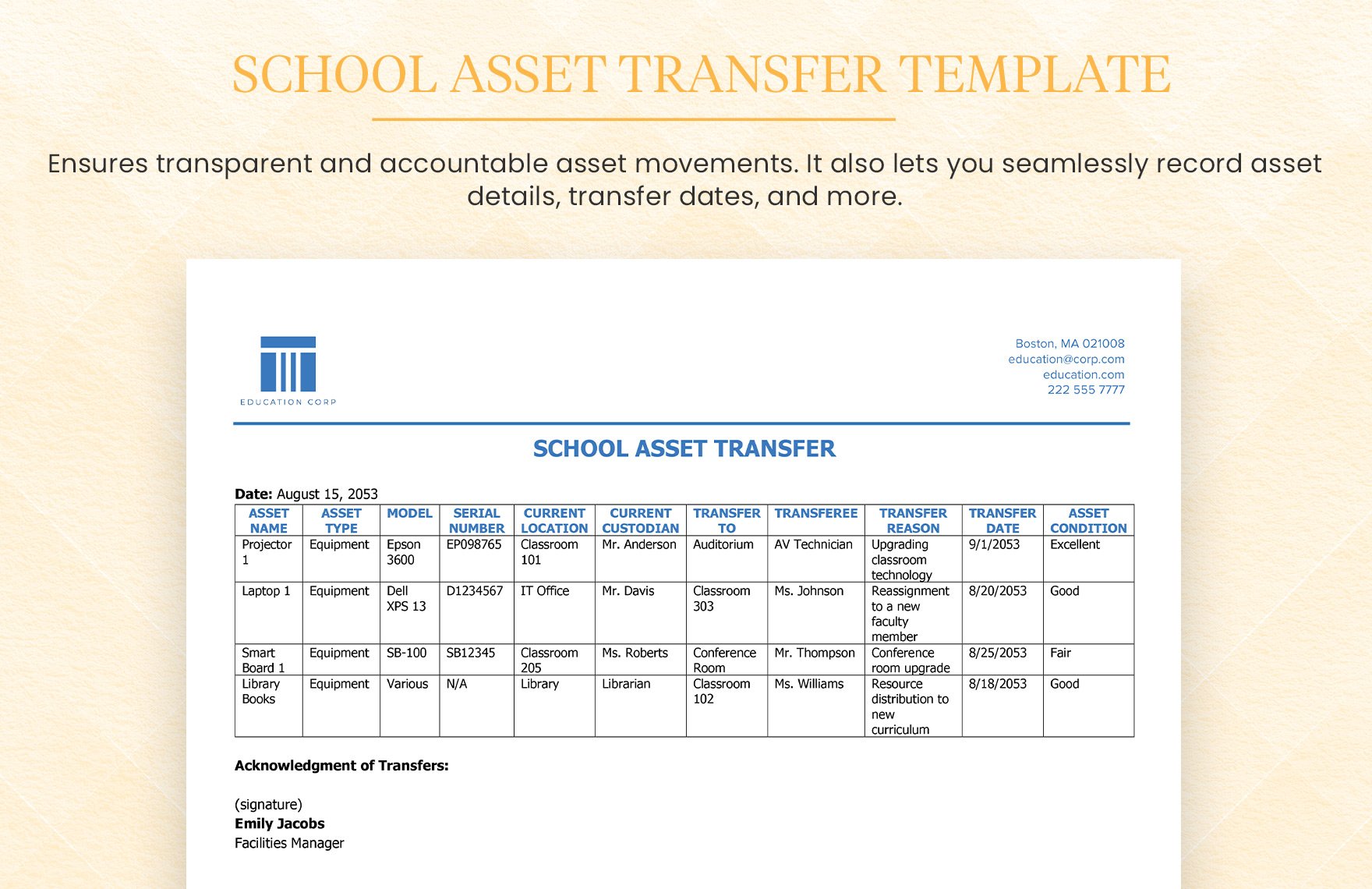 School Asset Transfer Template in Word, Google Docs, PDF