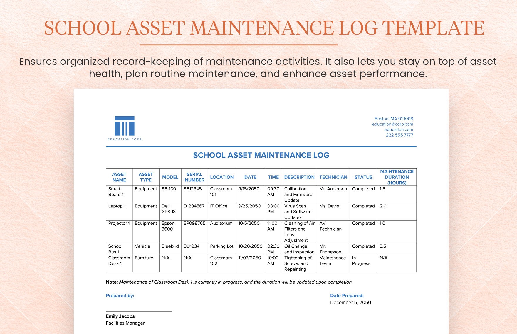 School Asset Maintenance Log Template in Word, Google Docs, PDF