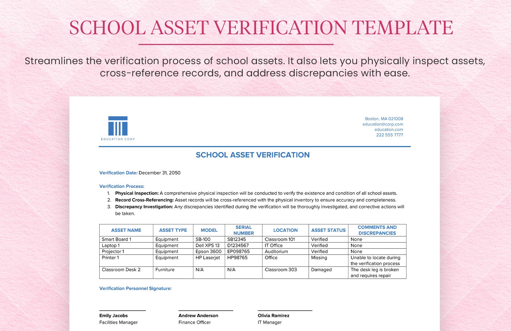 School Asset Verification Template in Word, Google Docs, PDF