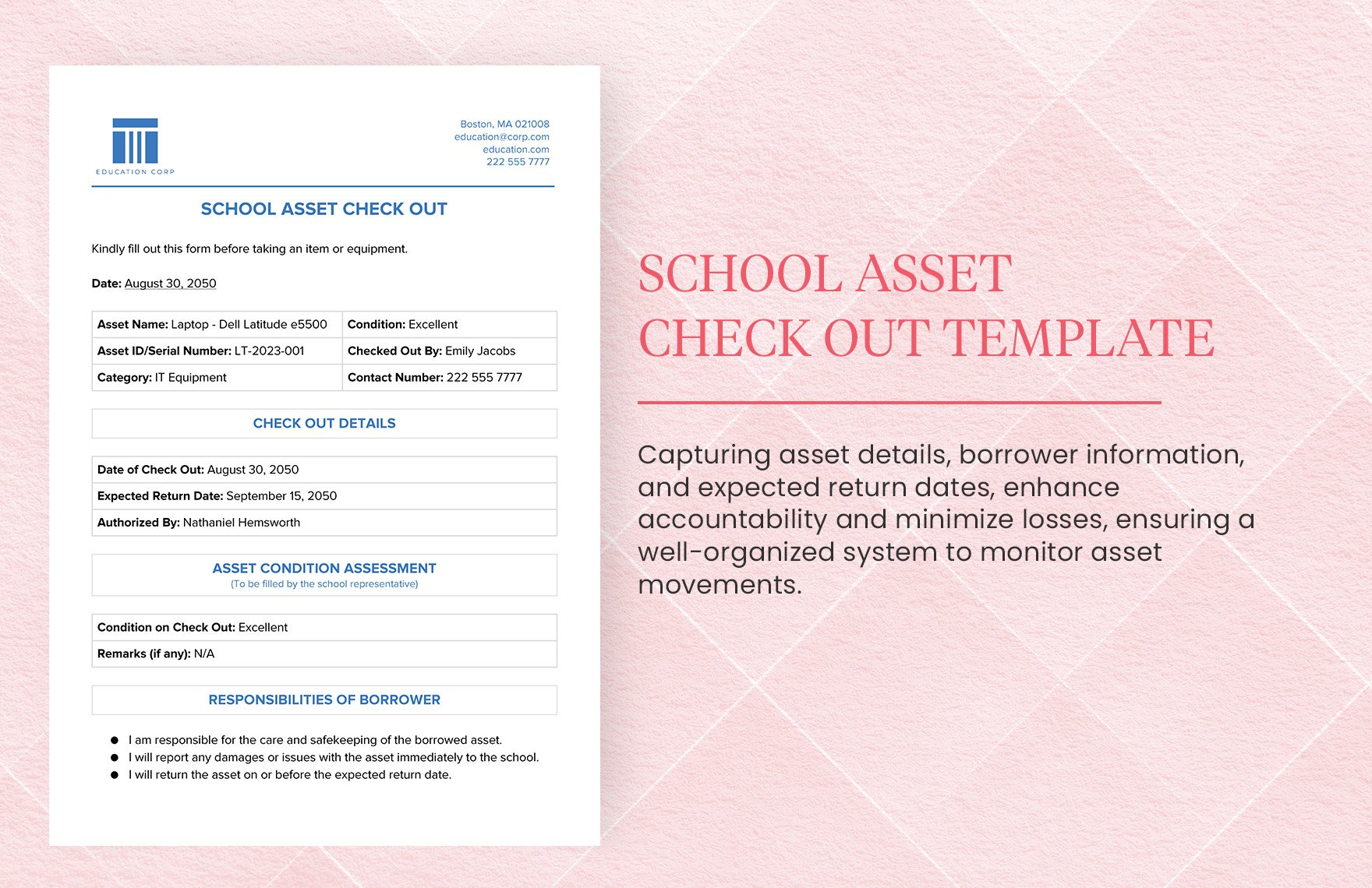 School Asset Check Out Template in Word, Google Docs, PDF